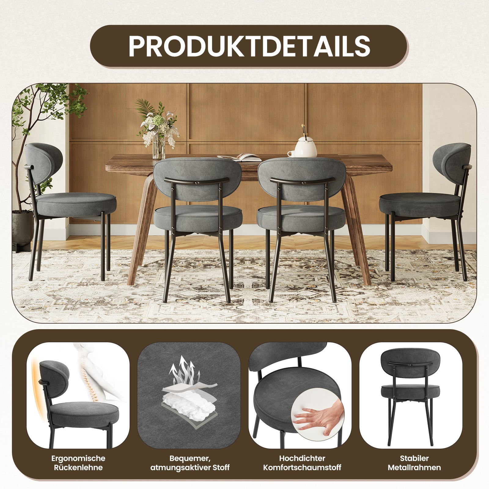 Vier graue Stühle mit Metallrahmen stehen an einem Holztisch.