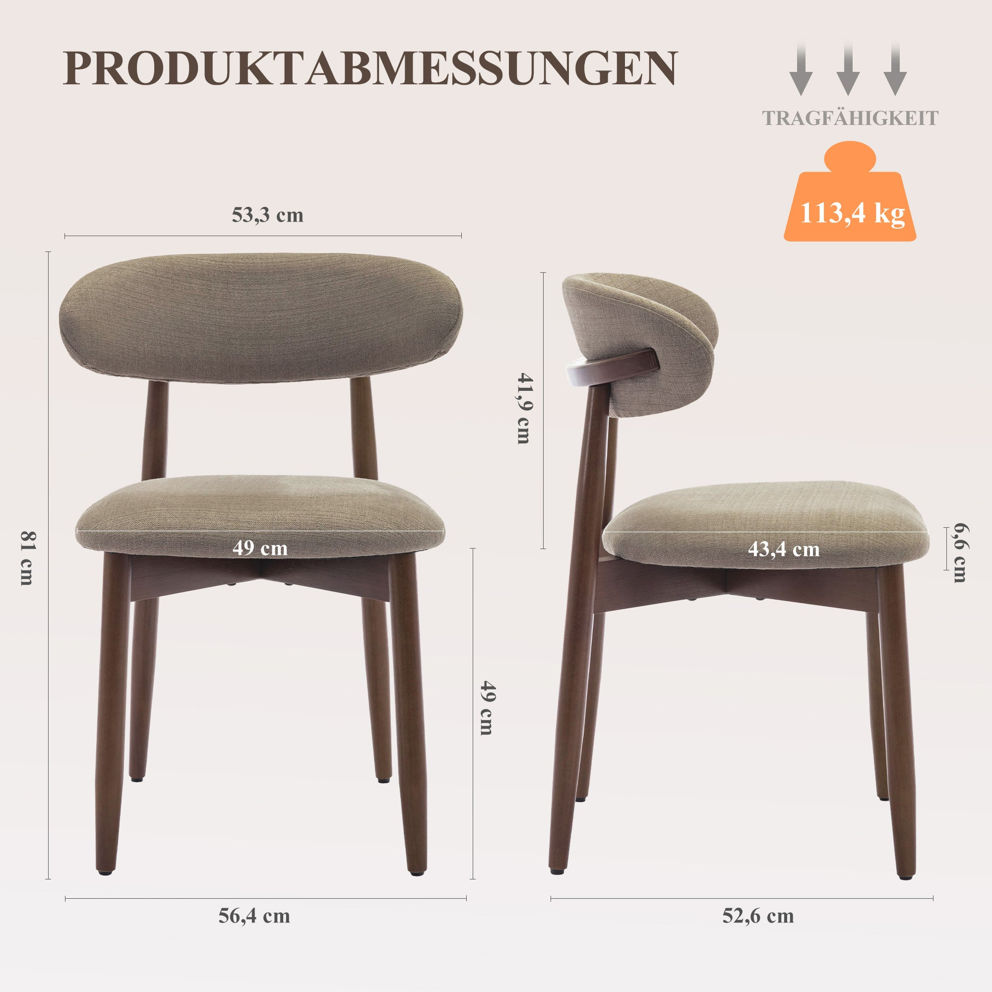Vorder- und Seitenansicht eines Stuhls mit Maßen: Höhe 81cm, Breite 53,3cm, Sitzhöhe 49cm.