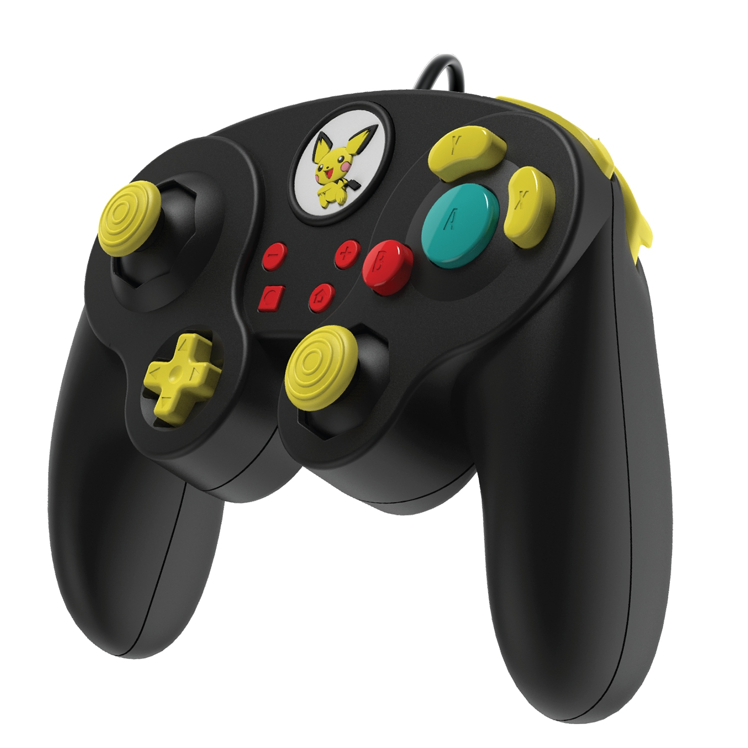 Czarny kontroler z żółtymi i czerwonymi przyciskami, wizerunkiem Pikachu i żółtymi joystickami.