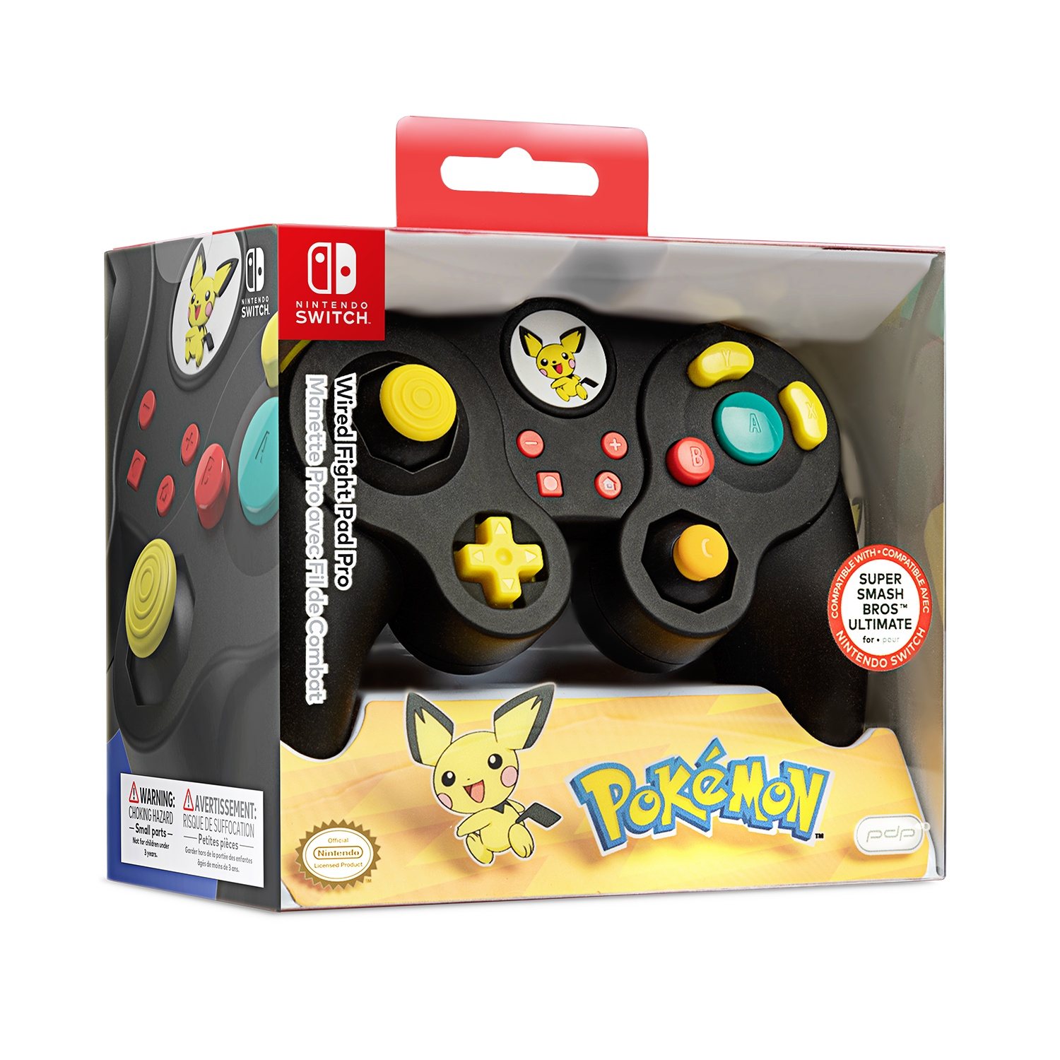 Czarny przewodowy kontroler Nintendo Switch Pokémon z żółtymi przyciskami i grafiką Pikachu.