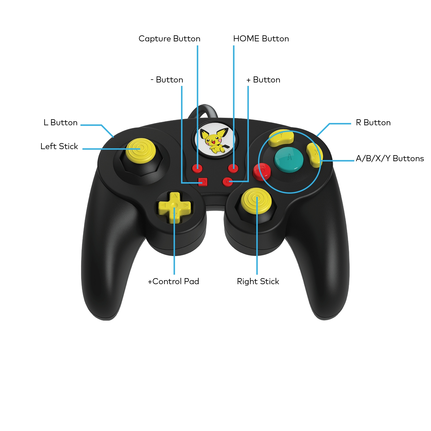 Czarny kontroler z żółtymi drążkami i przyciskami, z naklejką Pikachu.