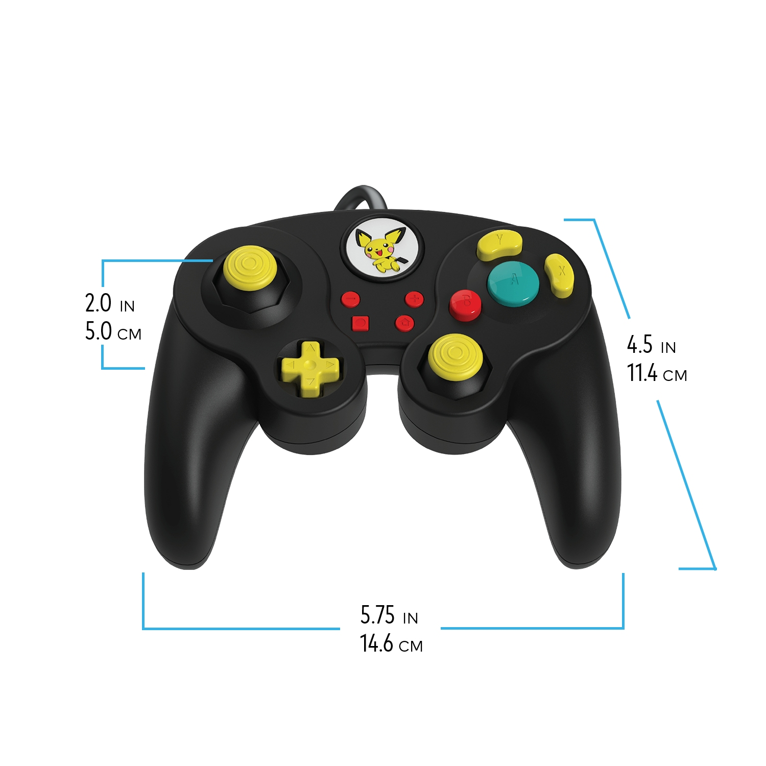 Czarny kontroler Gamecube z żółtymi akcentami i naklejką Pikachu.