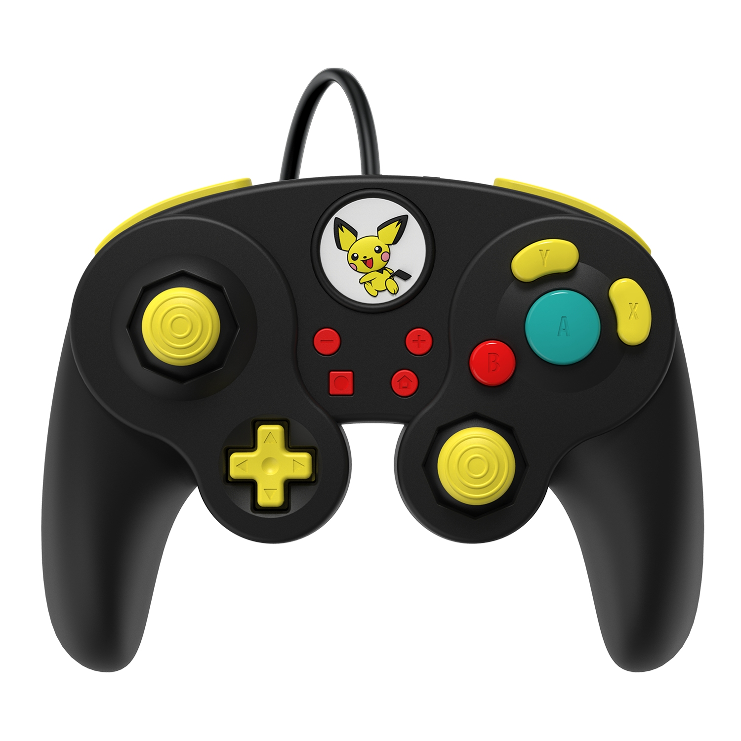 Czarny kontroler do gier z żółtymi akcentami i wizerunkiem Pikachu, z przyciskami i joystickiem.