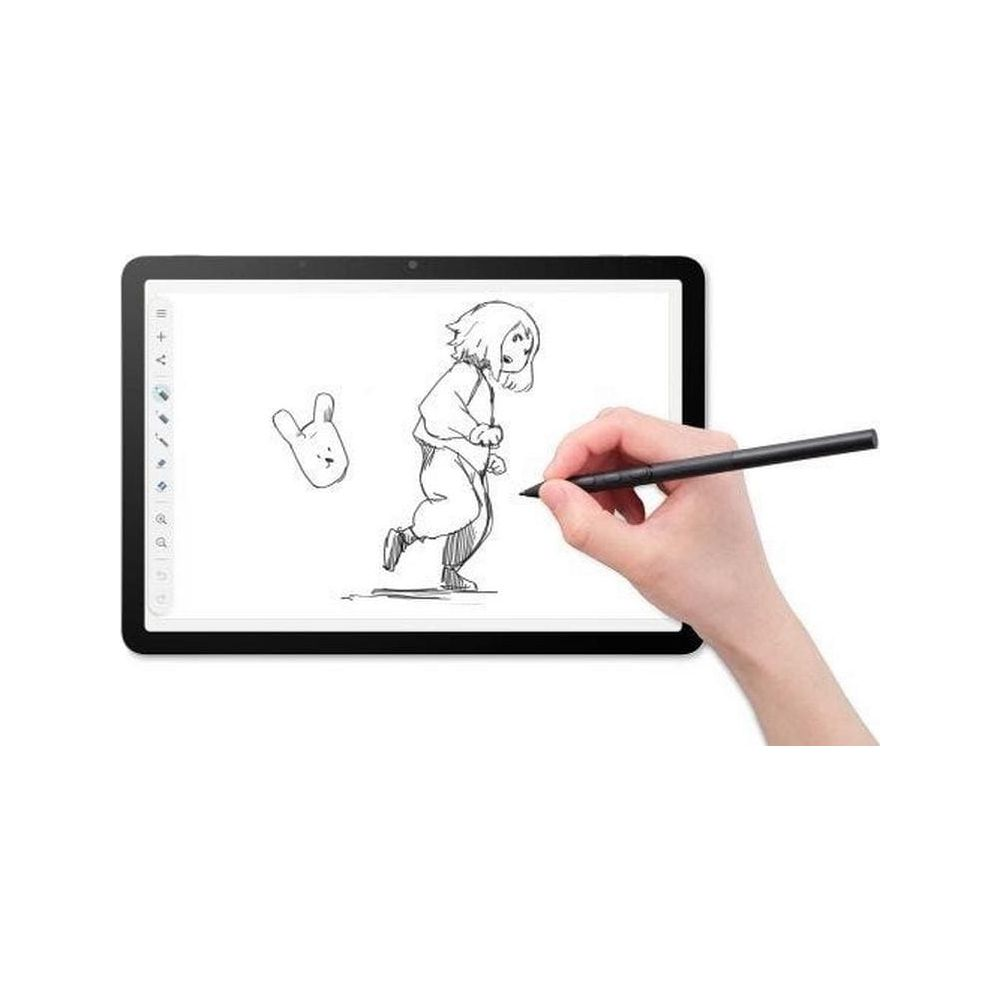 Una mano usa uno stilo per disegnare su un tablet. Si vedono una figura e un coniglietto.