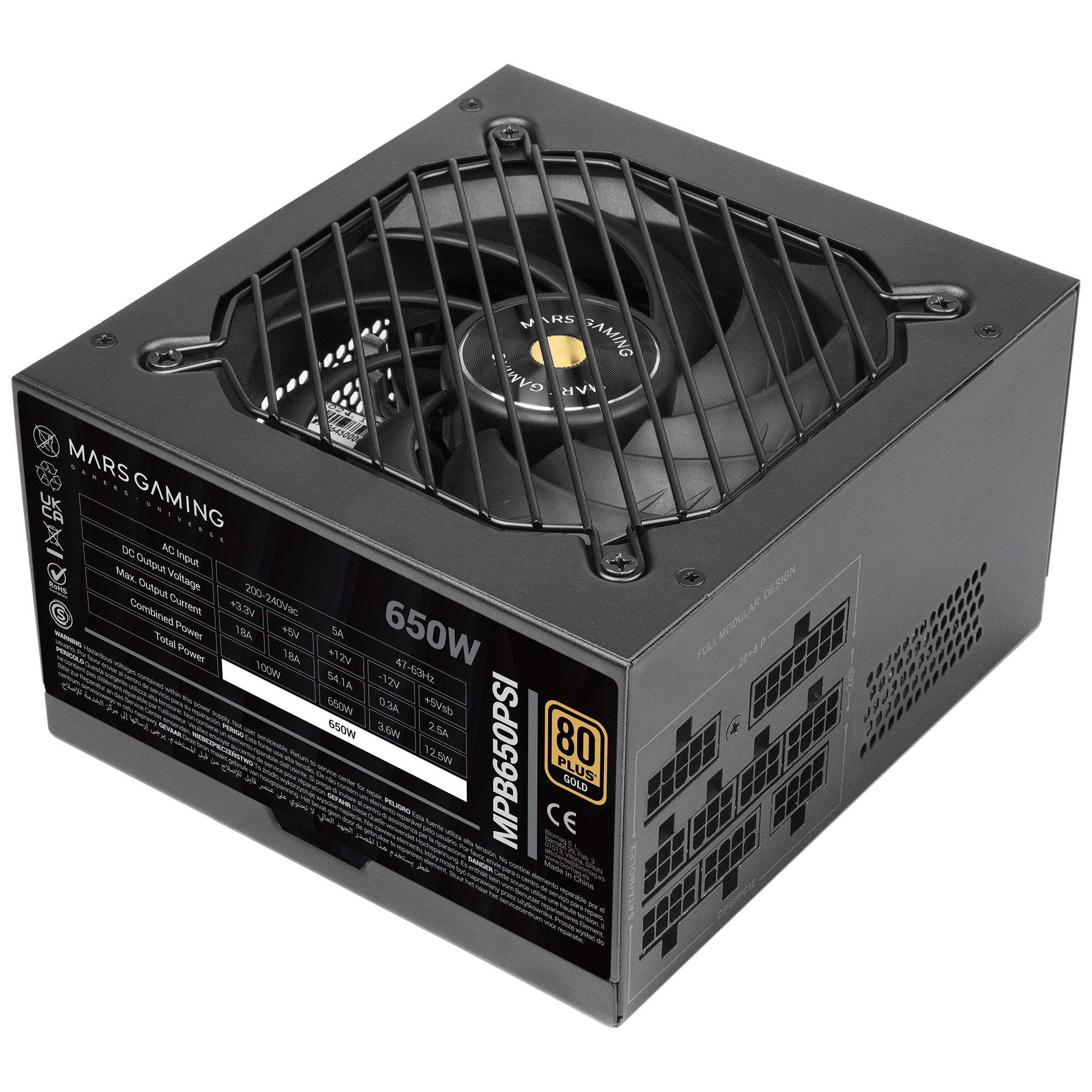 Fuente de alimentación negra de 650W, certificación 80 PLUS Gold y ventilador.