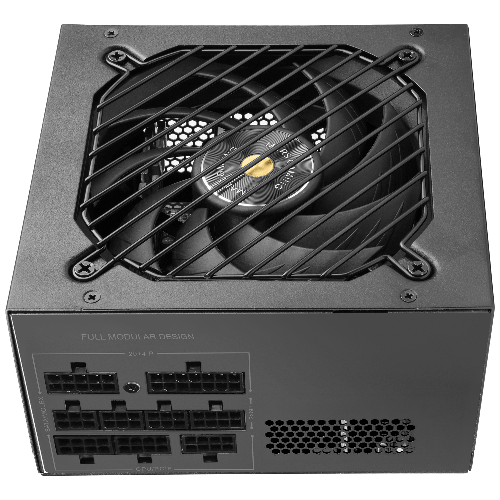Fuente de alimentación de PC negra con ventilador y conectores modulares.
