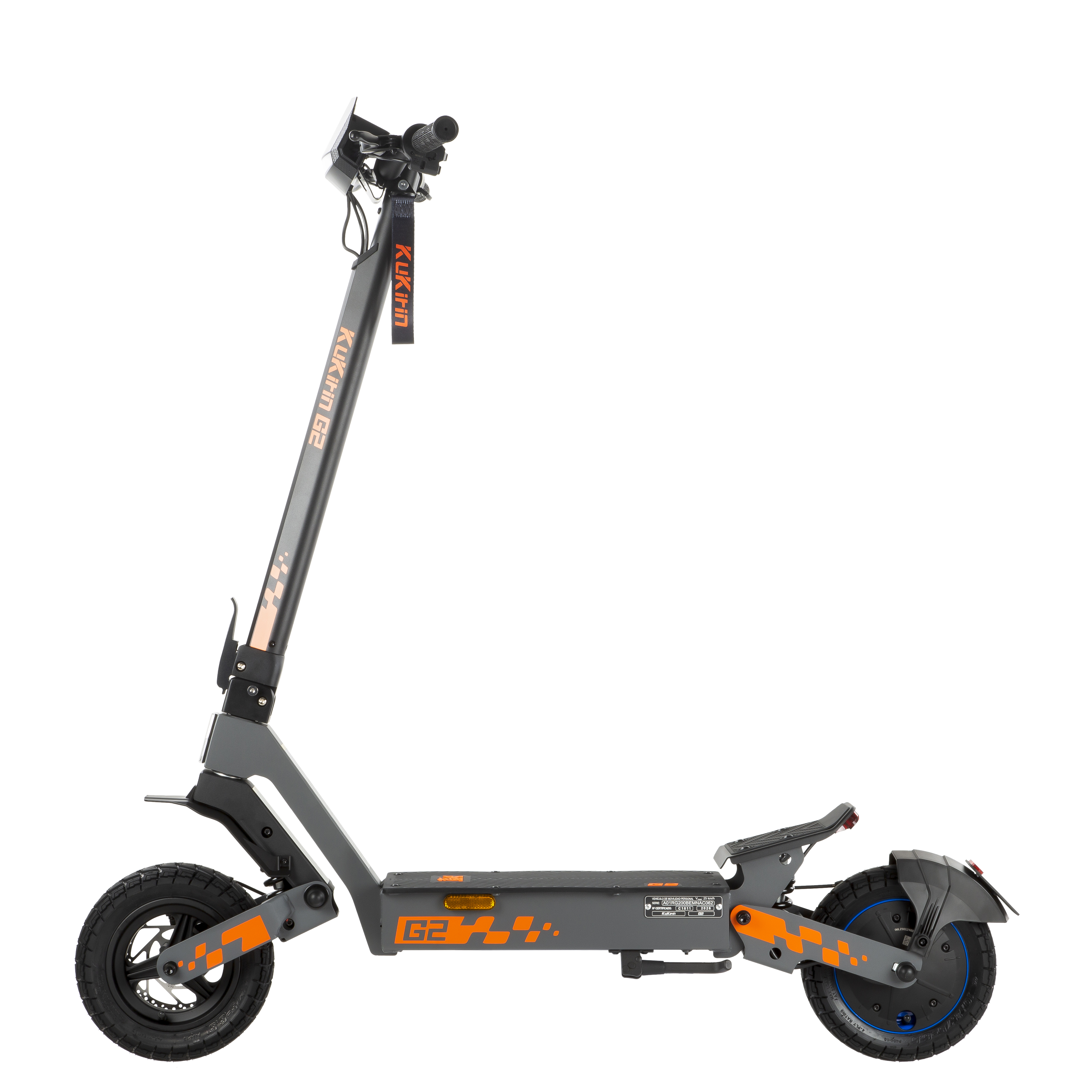 Patinete eléctrico gris con detalles naranjas, ruedas delantera y trasera.