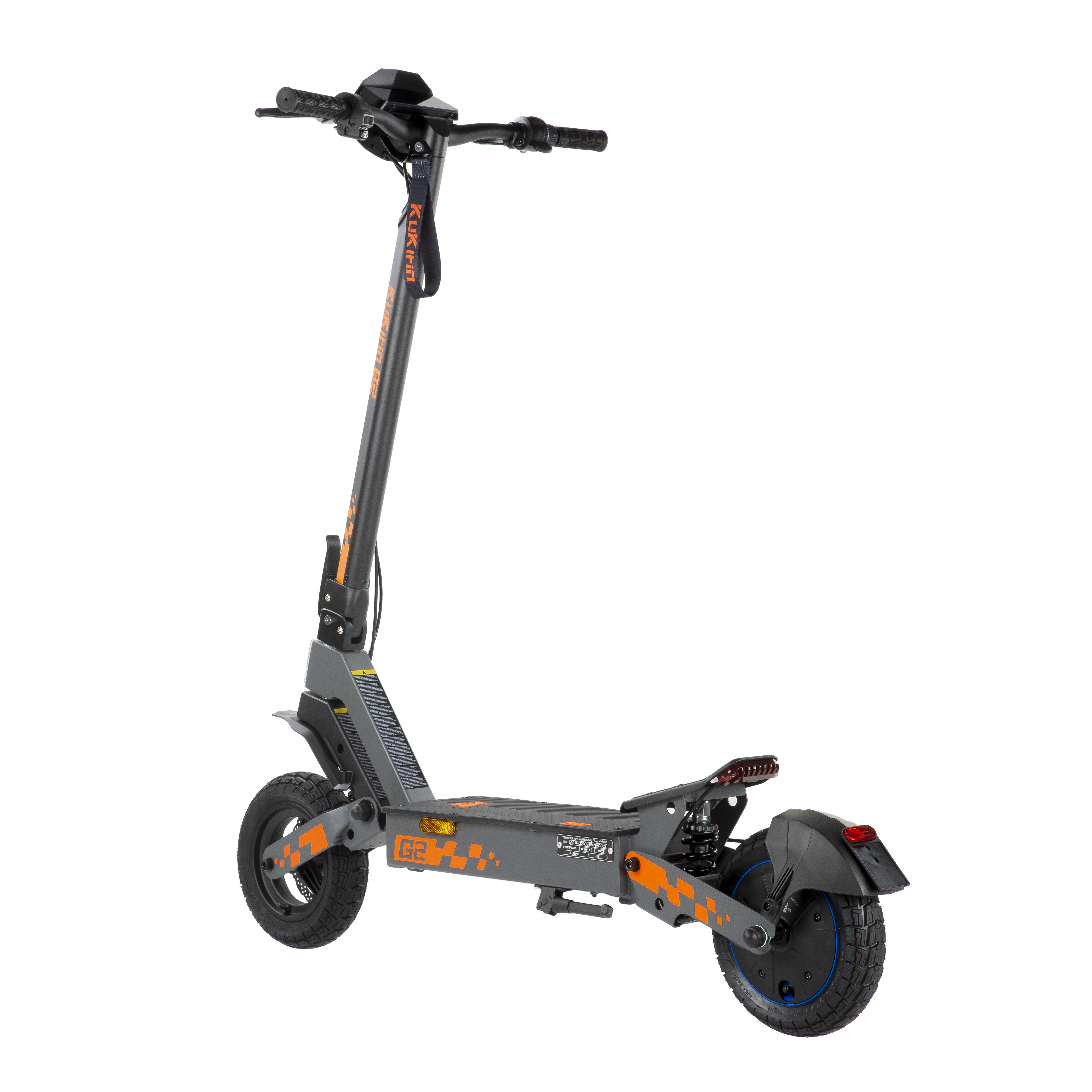 Un patinete eléctrico gris con detalles naranjas y manillar negro.