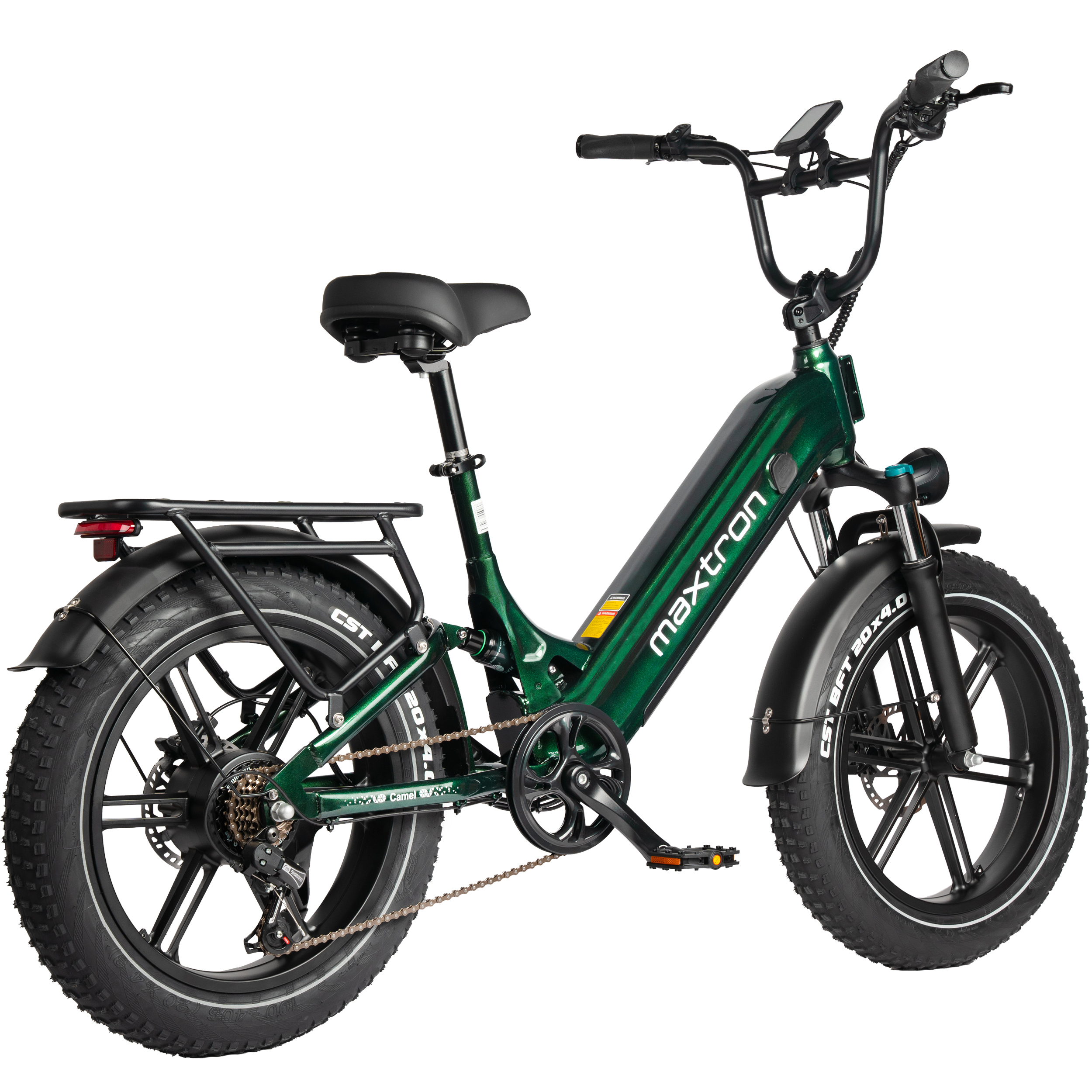 Zielony rower elektryczny z grubymi oponami, bagażnikiem i amortyzacją.