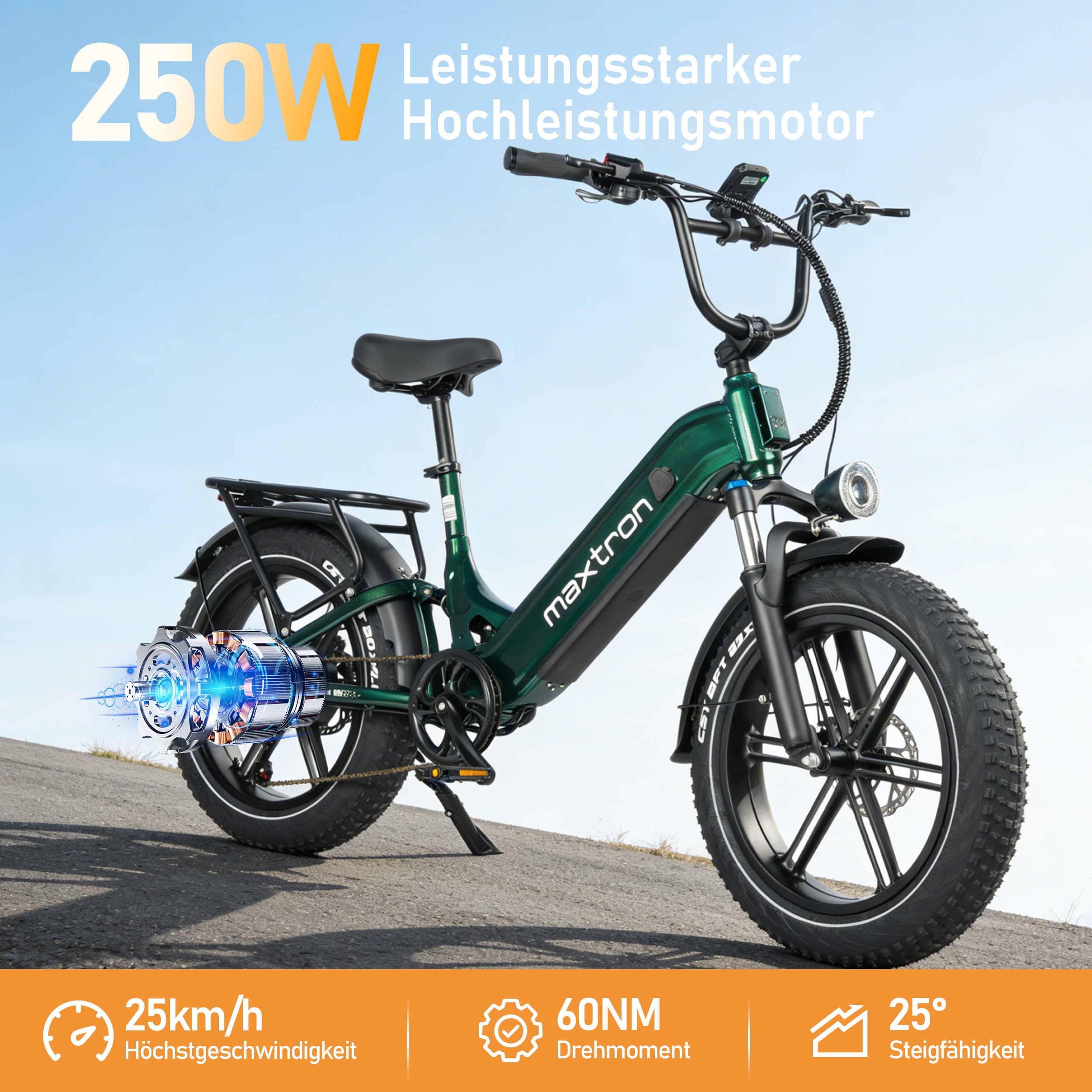 Ciemnozielony rower elektryczny z grubymi oponami, silnik 250W, 25 km/h, 60 Nm, 25°.