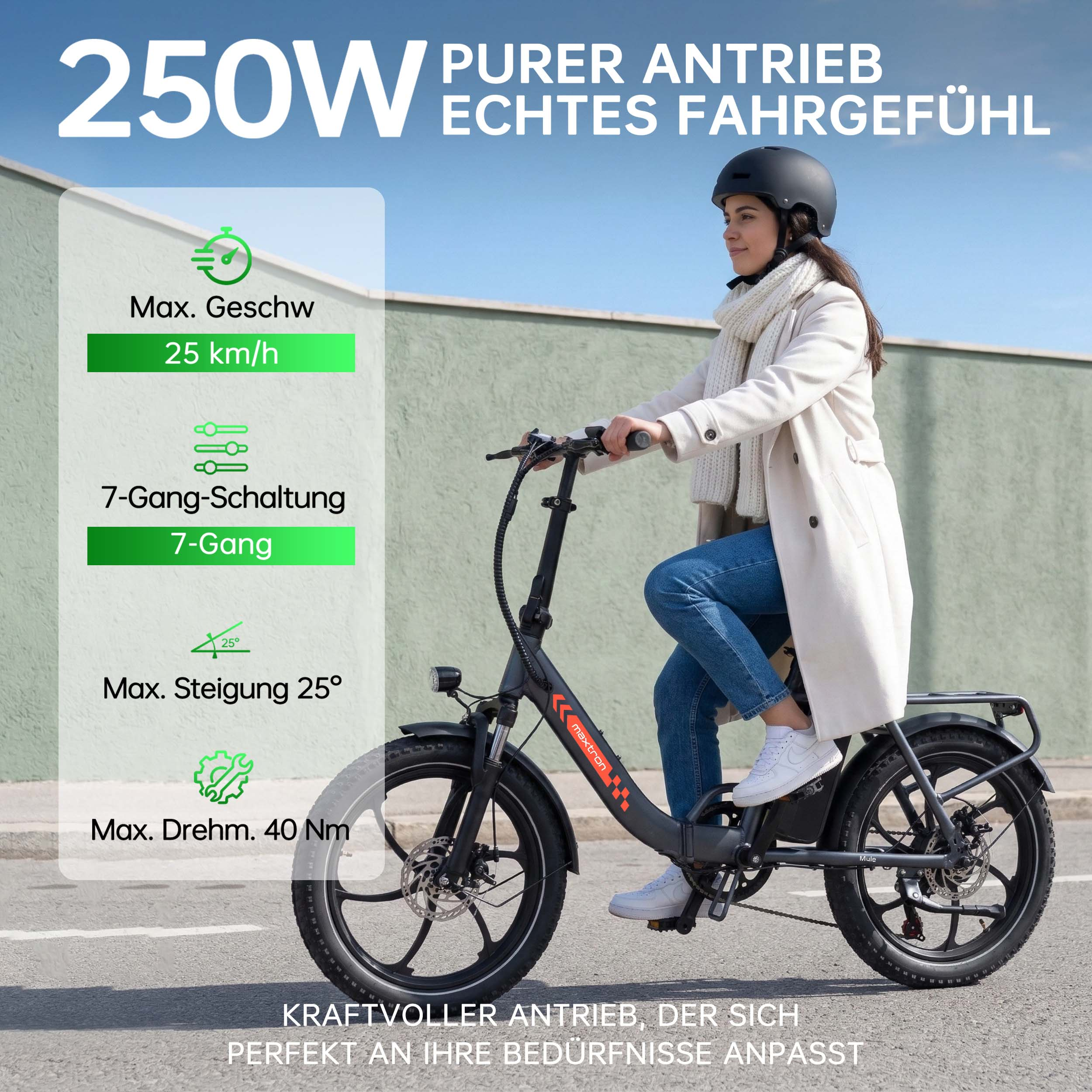 Kobieta jedzie rowerem elektrycznym 250W, 25 km/h, 7 biegów, 25° nachylenia.
