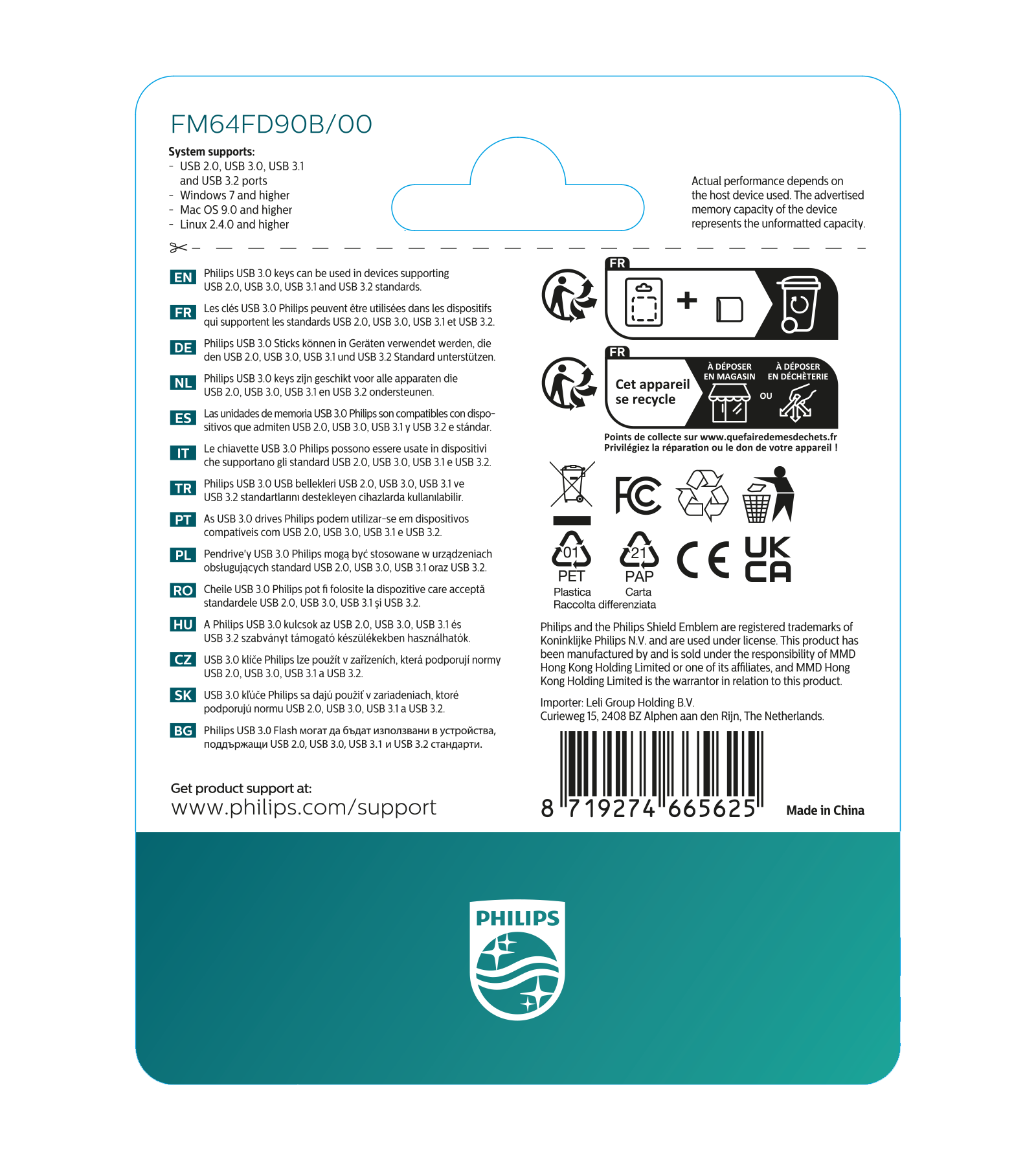 Verpakkingsdetail: Philips USB 3.0 stick met systeemondersteuning en recycling-symbolen.