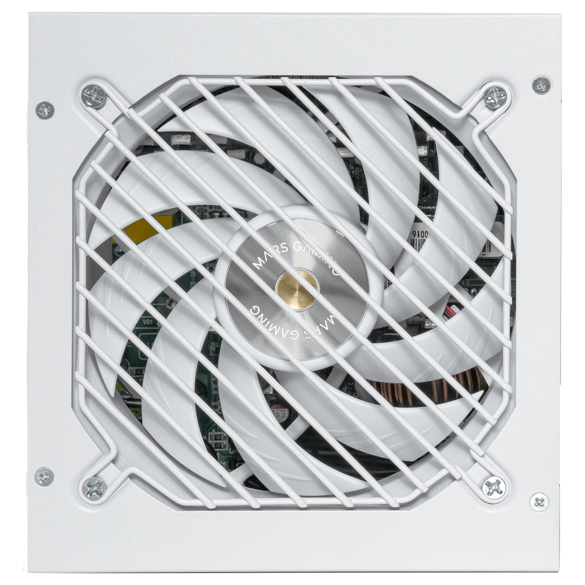 Un ventilador blanco con rejilla blanca y el logo MARS GAMING en el centro.