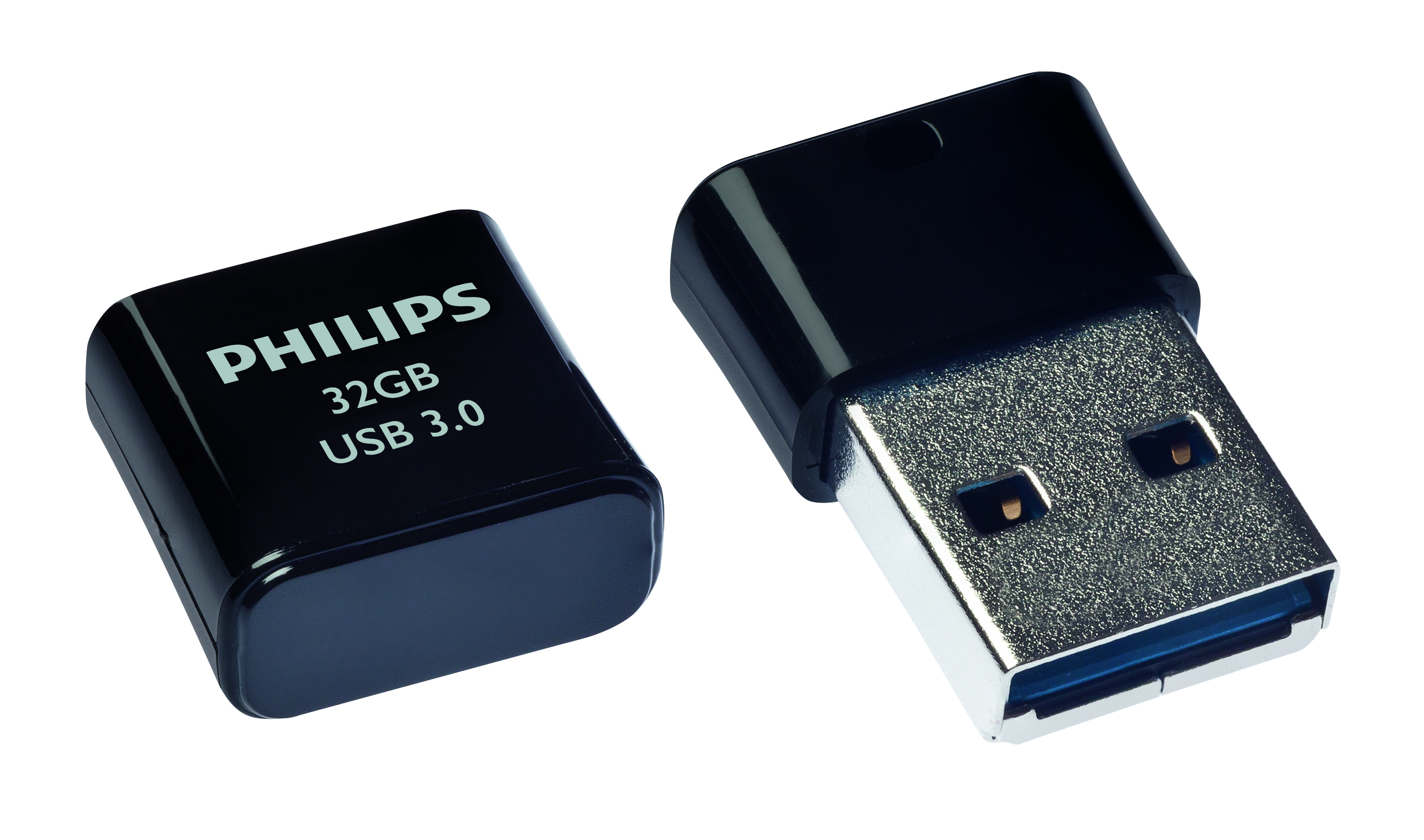 Zwei schwarze Philips USB-Sticks, einer mit Kappe, auf weißem Hintergrund.