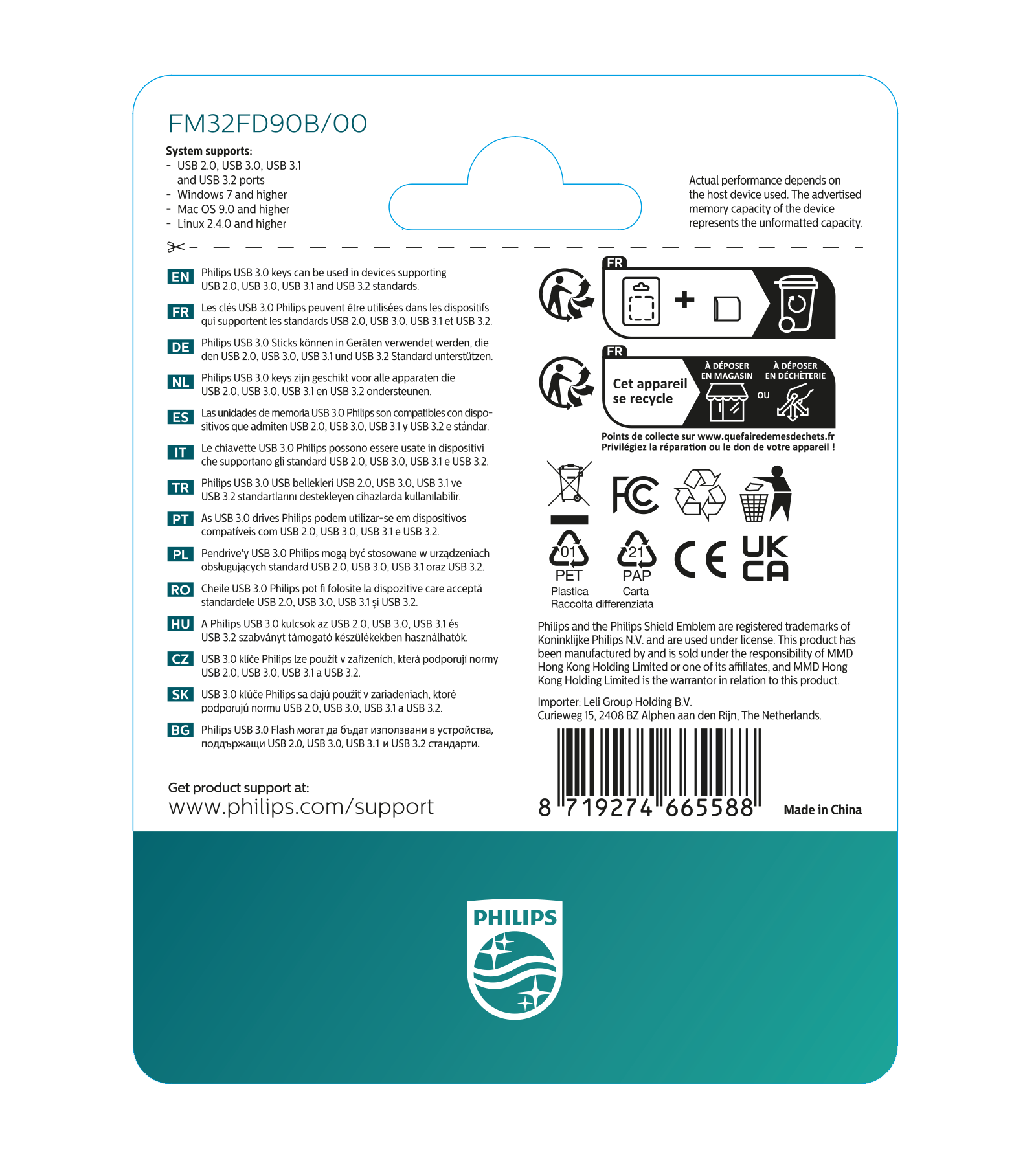 Philips FM32FD90B/00 Produktverpackung mit Systemunterstützung und Recycling-Informationen.