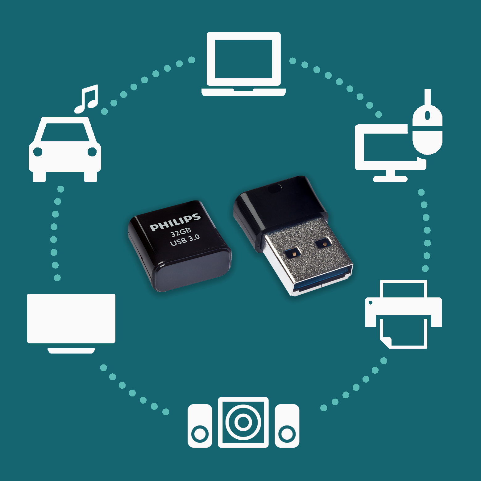 Zwei schwarze USB-Sticks auf petrolfarbenem Hintergrund mit Symbolen.