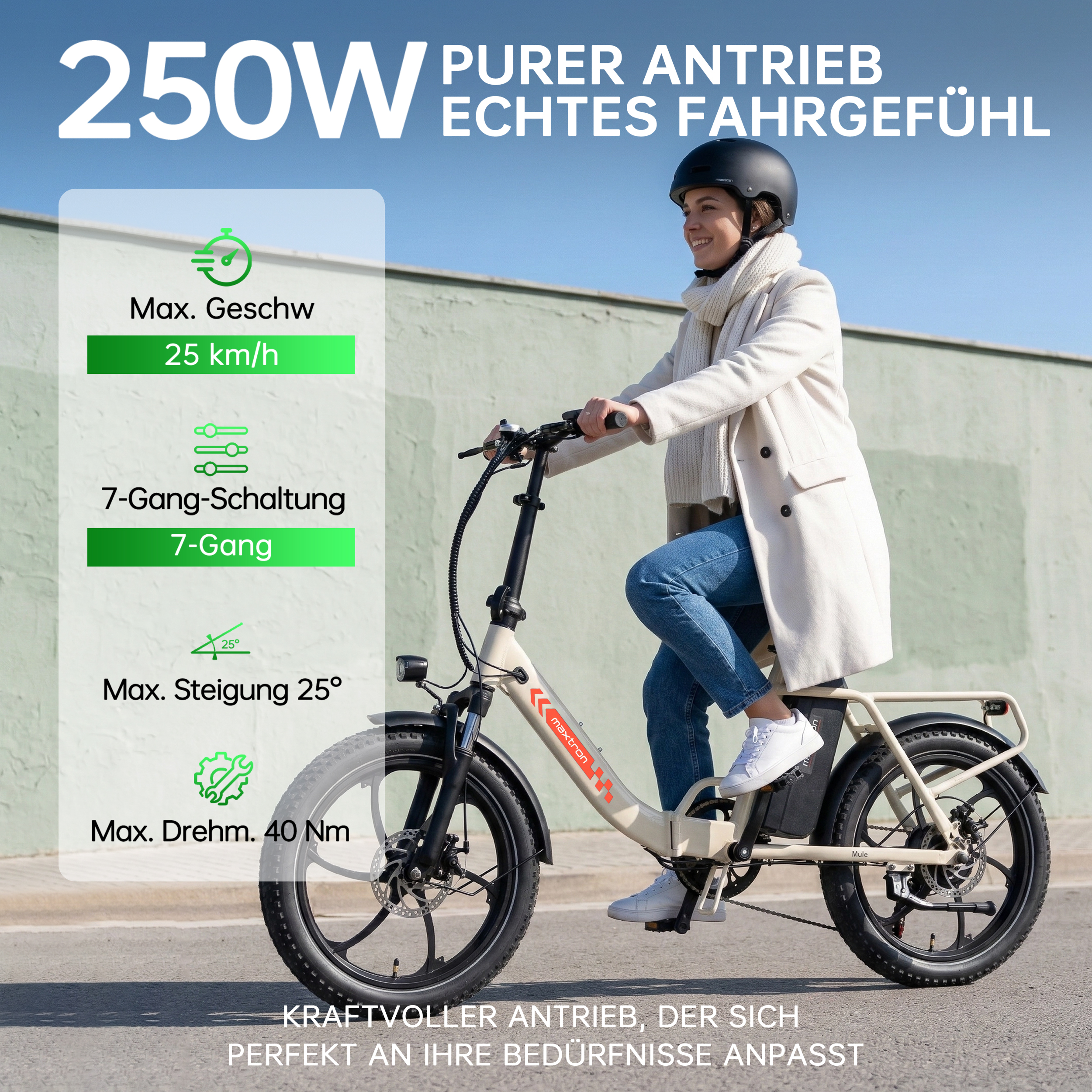 Frau fährt ein beiges E-Bike mit 250W, 7 Gängen, 25 km/h Max. Geschwindigkeit.