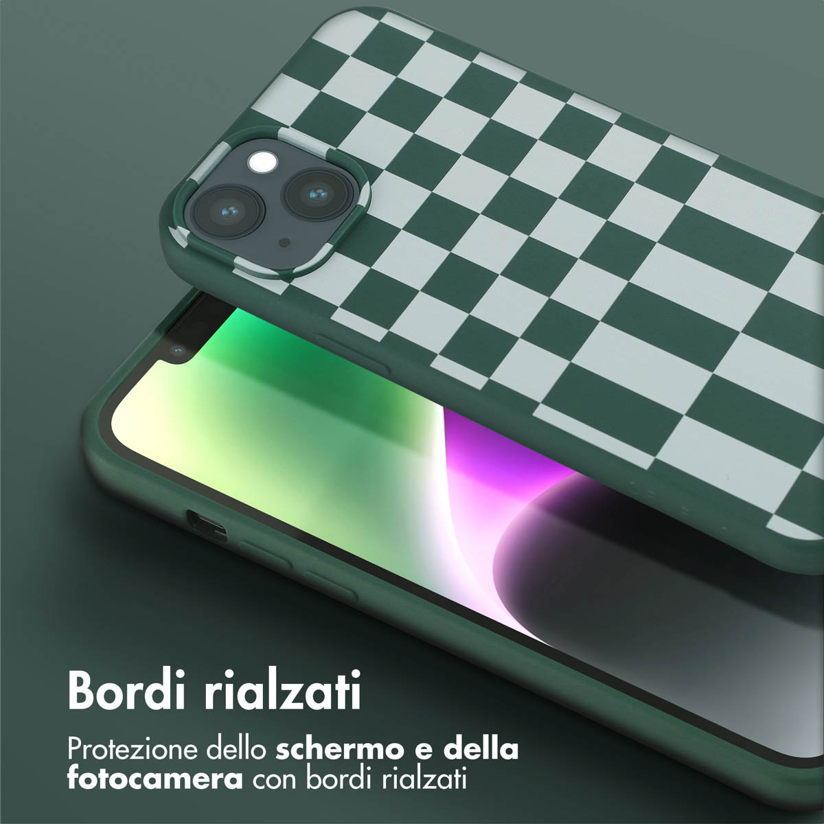 Coque de téléphone à damier vert et blanc sur fond vert foncé.