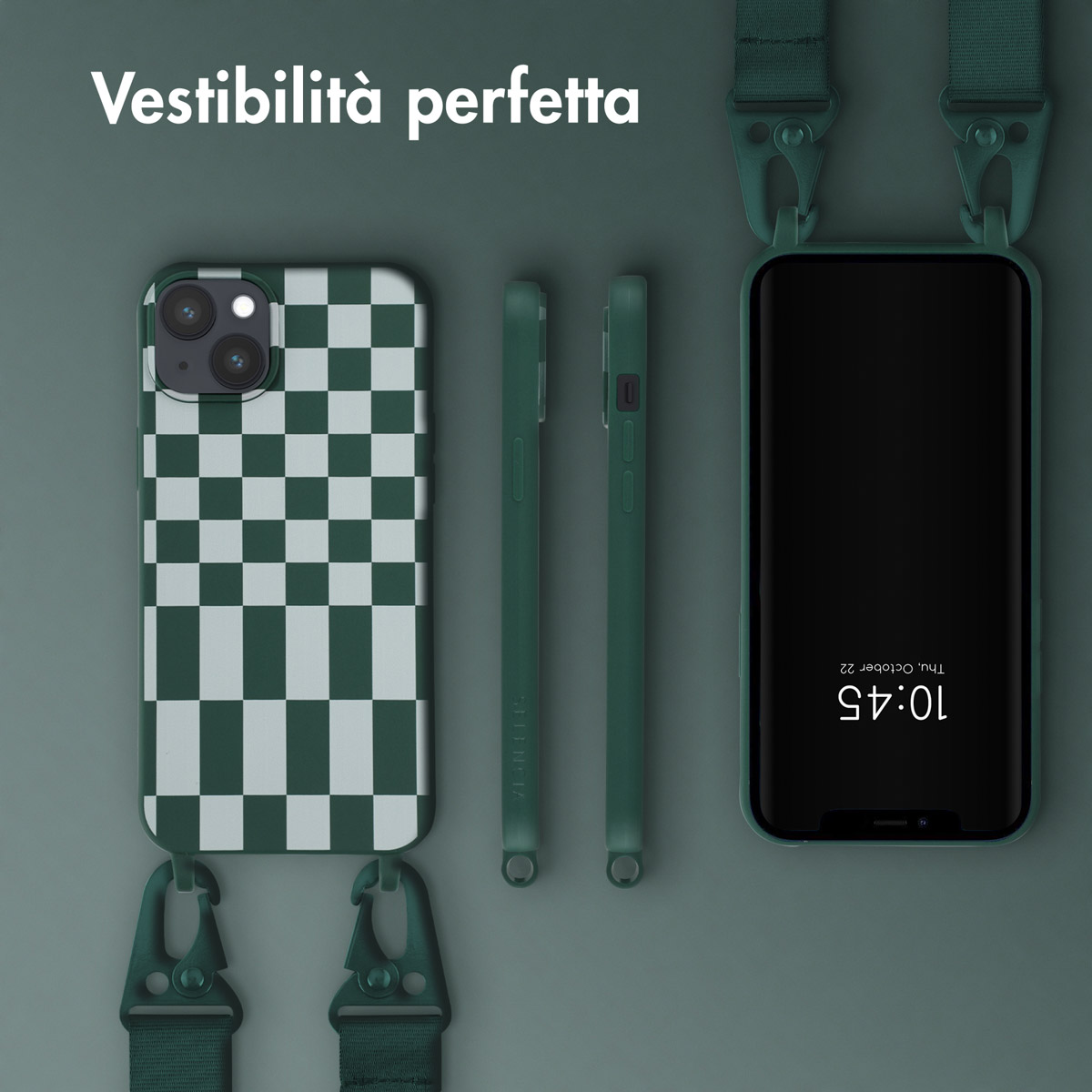 Coque de téléphone verte à damier avec sangle, à côté d'un smartphone.