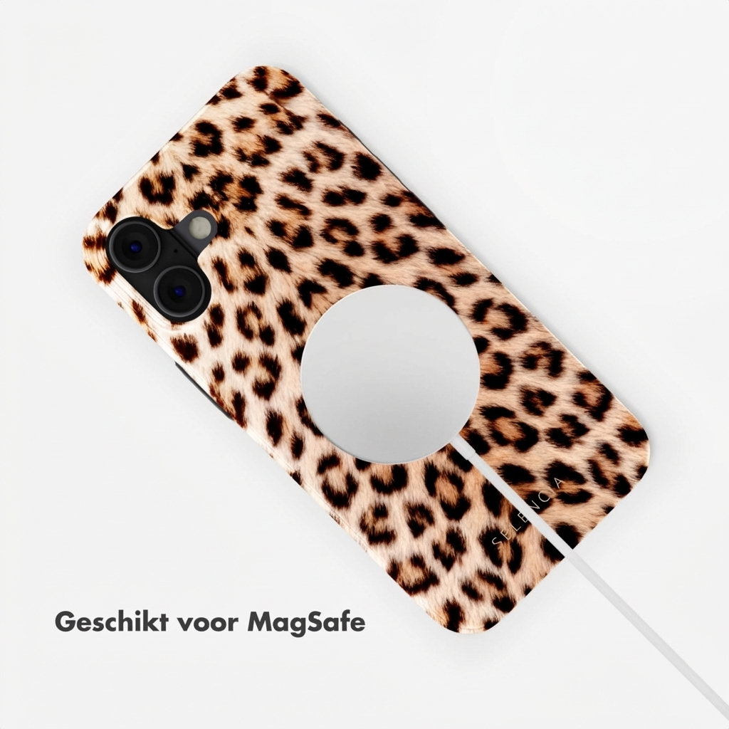 Coque de téléphone imprimé léopard avec anneau MagSafe et découpe caméra.