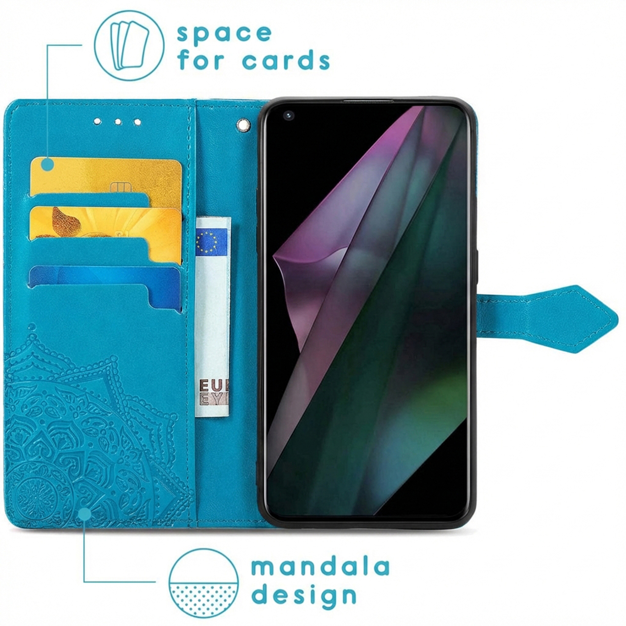 Étui de téléphone turquoise avec fentes pour cartes, motif mandala et un téléphone.