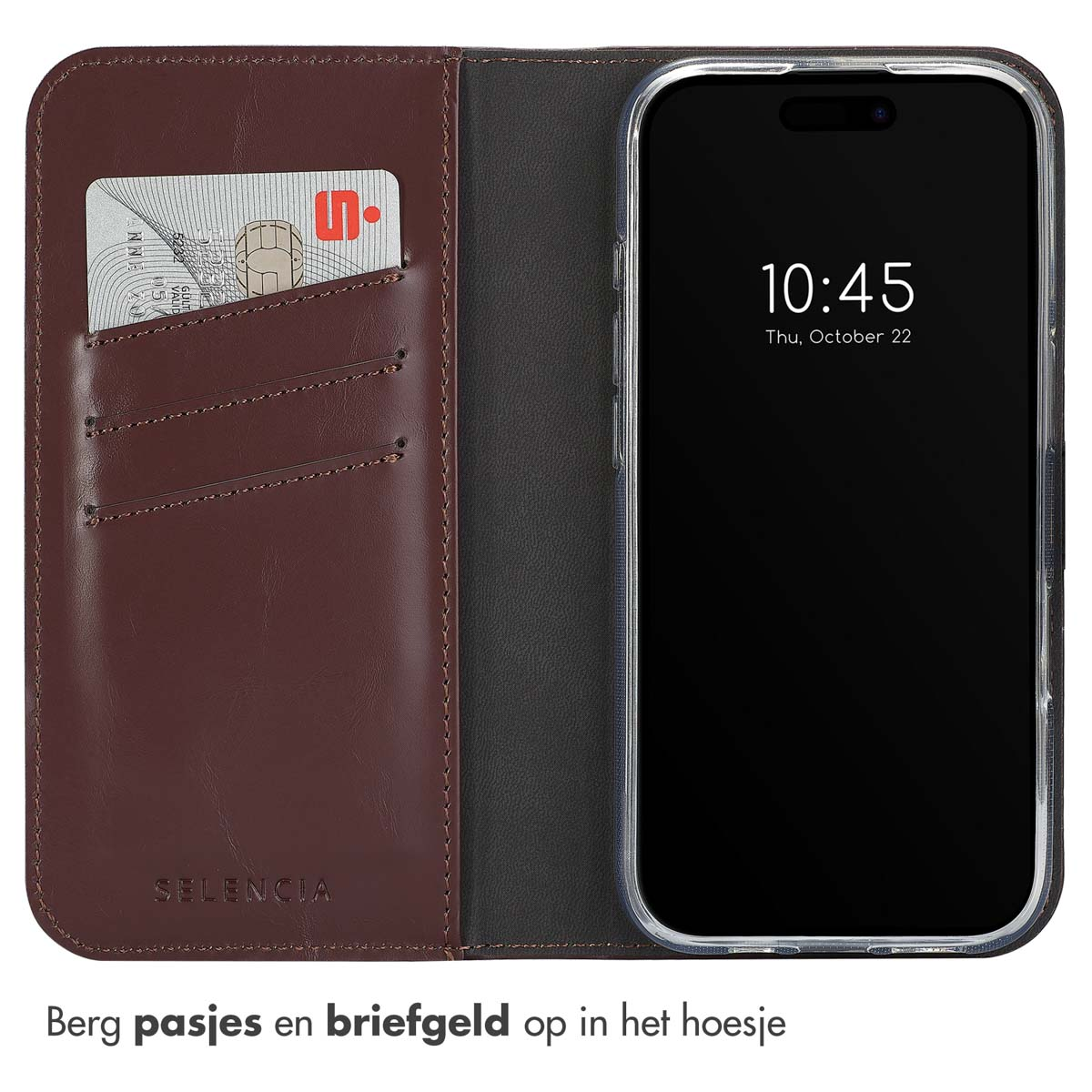 Braune Handyhülle mit Kartenfächern und einem Telefon mit dunklem Bildschirm.