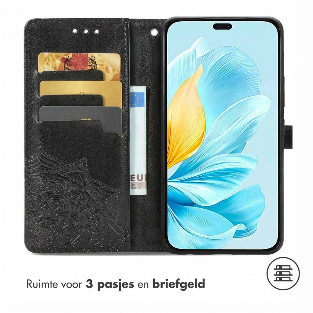 Étui de téléphone noir avec fentes pour cartes et poche à billets, montrant un smartphone.