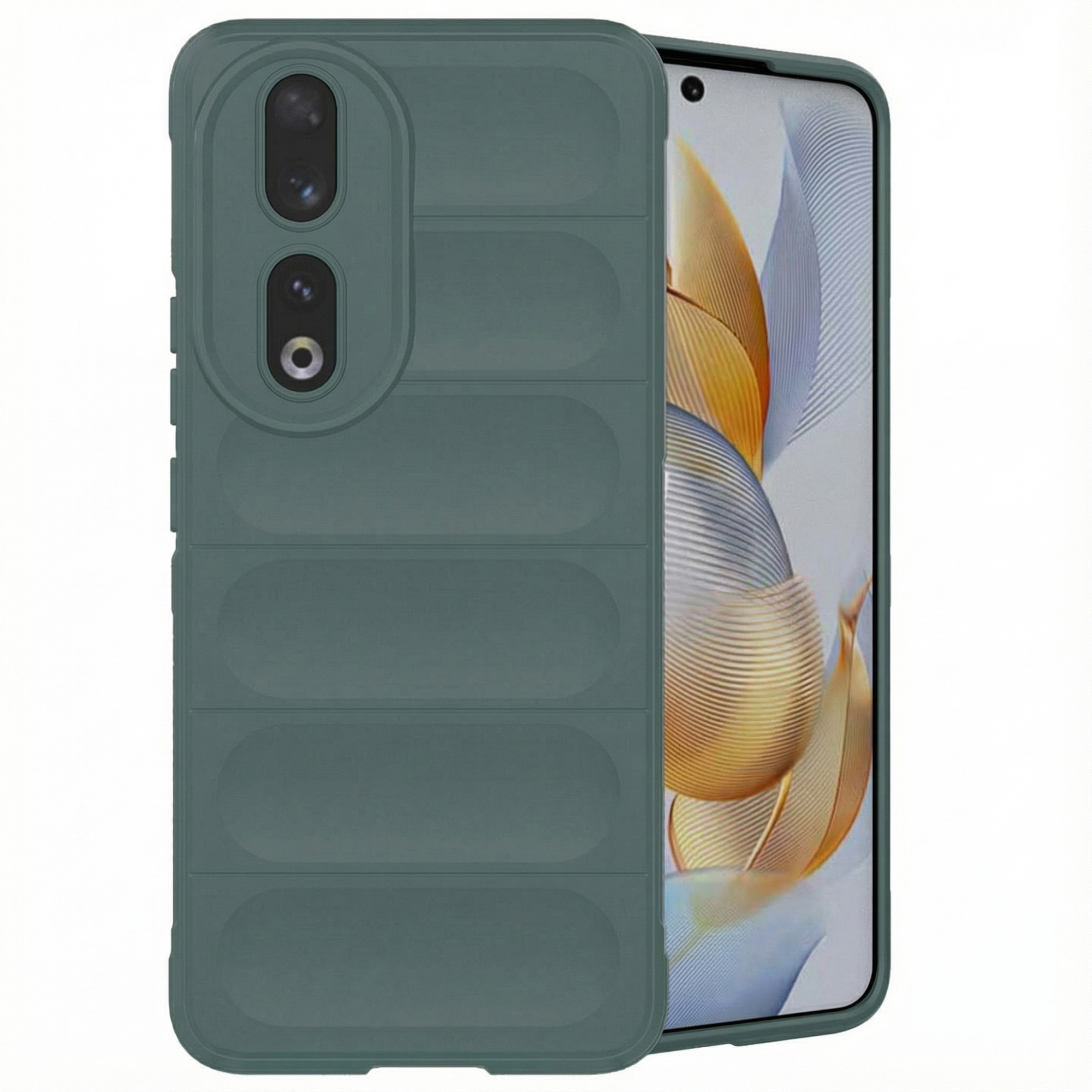 Une coque de téléphone vert foncé à rainures et découpe caméra repose à côté d'un smartphone.