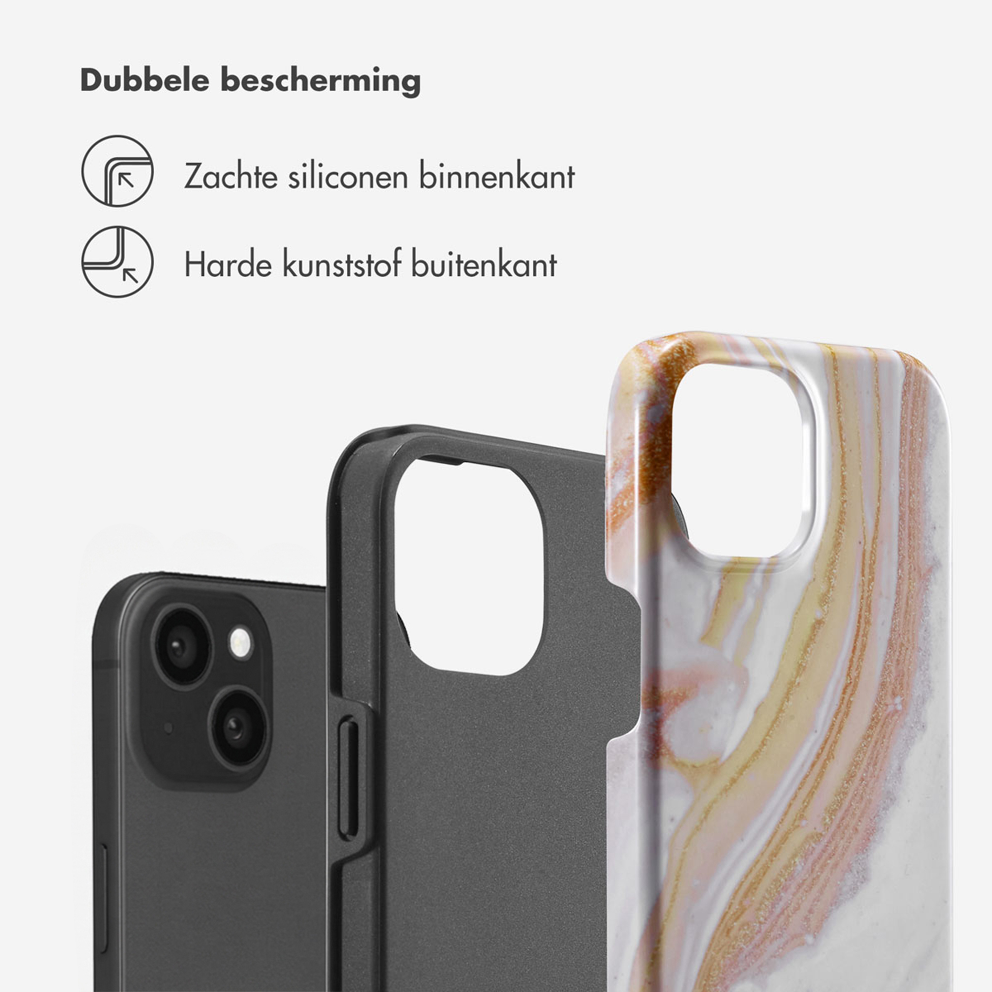 Black phone with marble case, soft silicone inside, hard plastic outside.