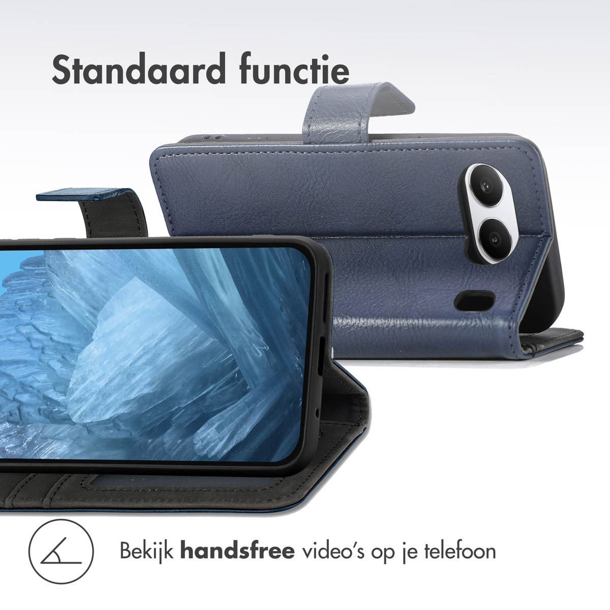 Custodia blu per telefono con funzione stand e flash.