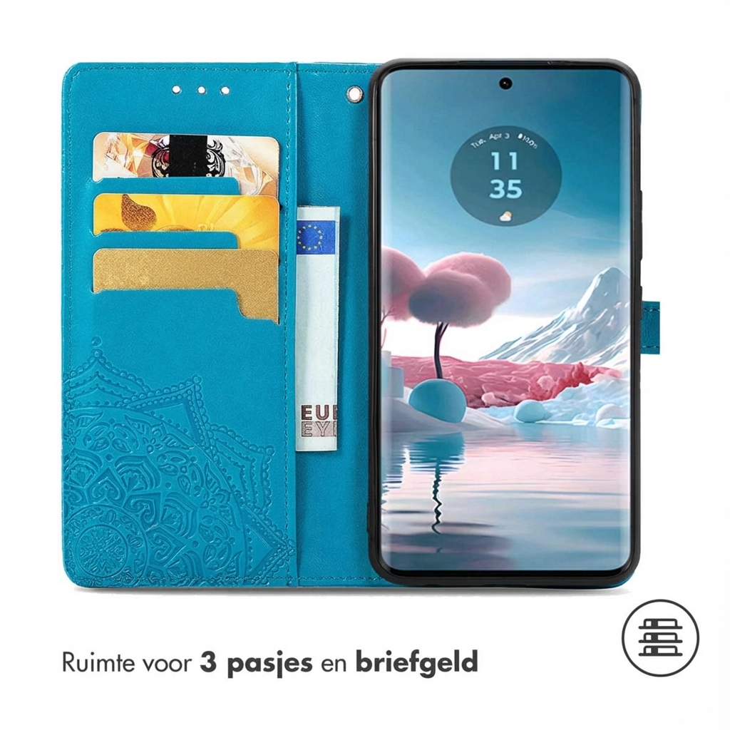 Étui portefeuille turquoise pour téléphone avec fentes pour cartes et compartiment à billets.