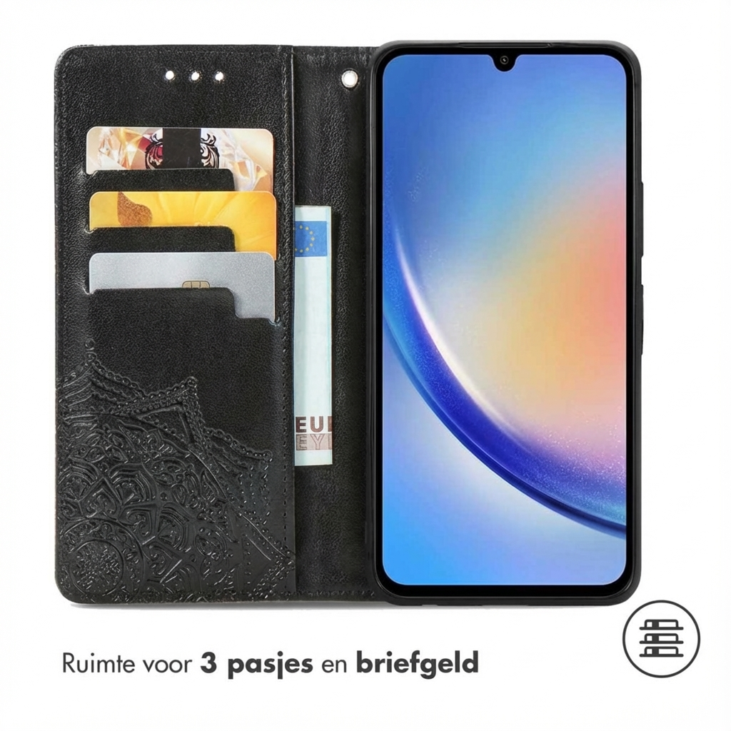 Zwart telefoonhoesje met kaarthouders en geldvak. Een smartphone is geplaatst.