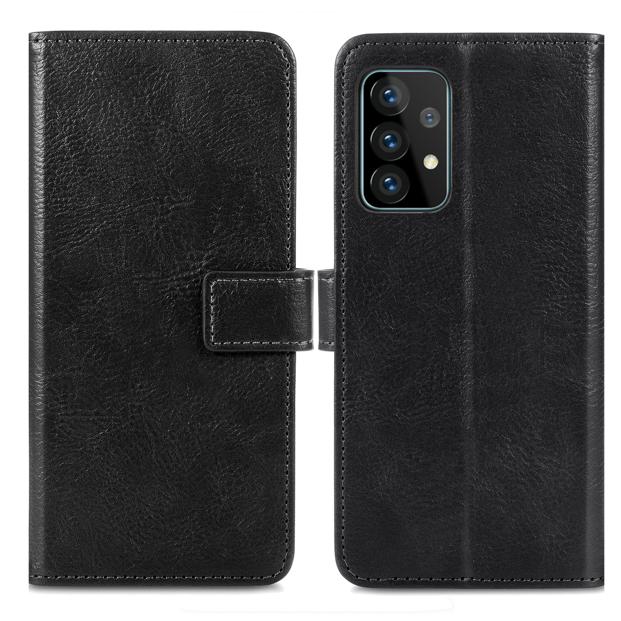 Custodia a libro in pelle nera per smartphone con tripla fotocamera posteriore.