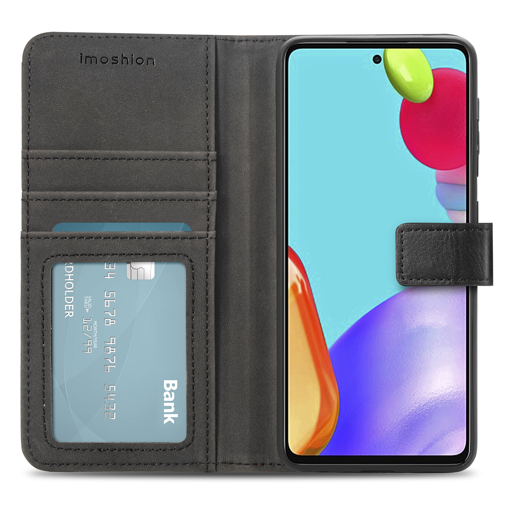 Portafoglio nero per telefono con porta carte e telefono. Logo "Imoshion".