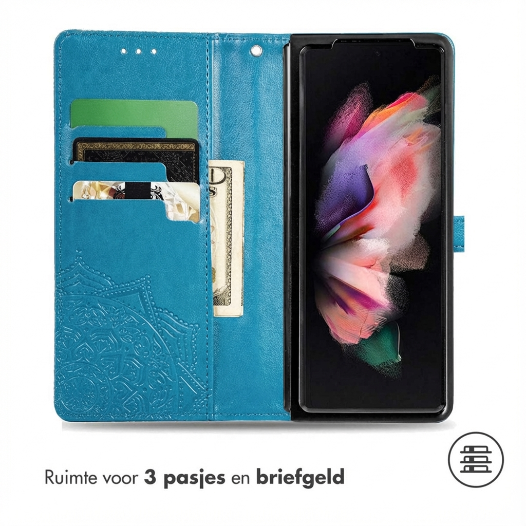 Un étui portefeuille turquoise avec fentes pour cartes, compartiment à billets et téléphone.