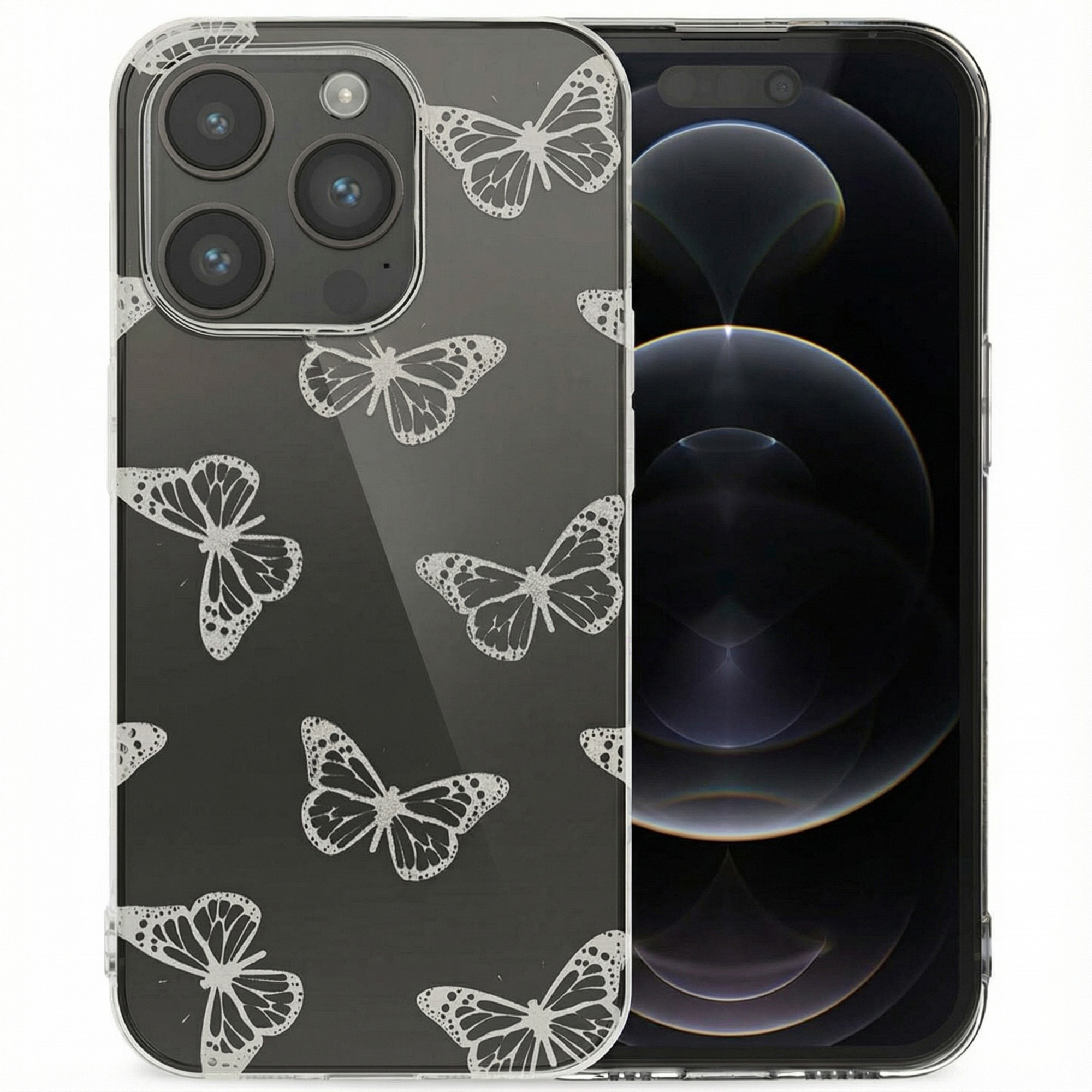 Transparante telefoonhoes met wit vlinderpatroon, met smartphone.