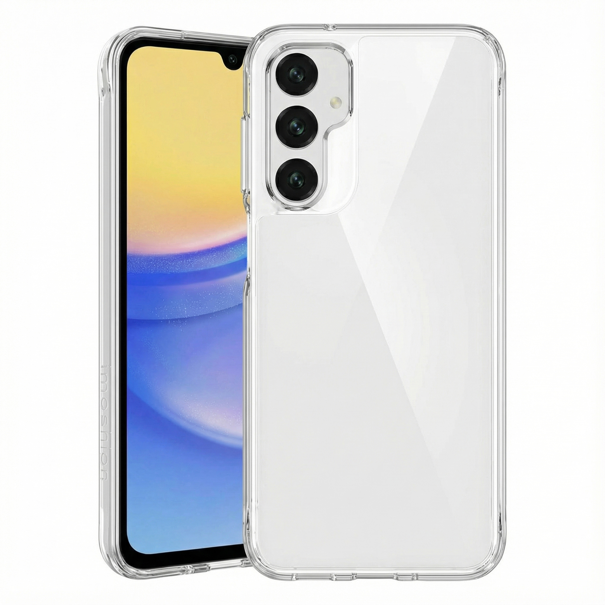Coque de téléphone transparente avec un téléphone noir à trois caméras.