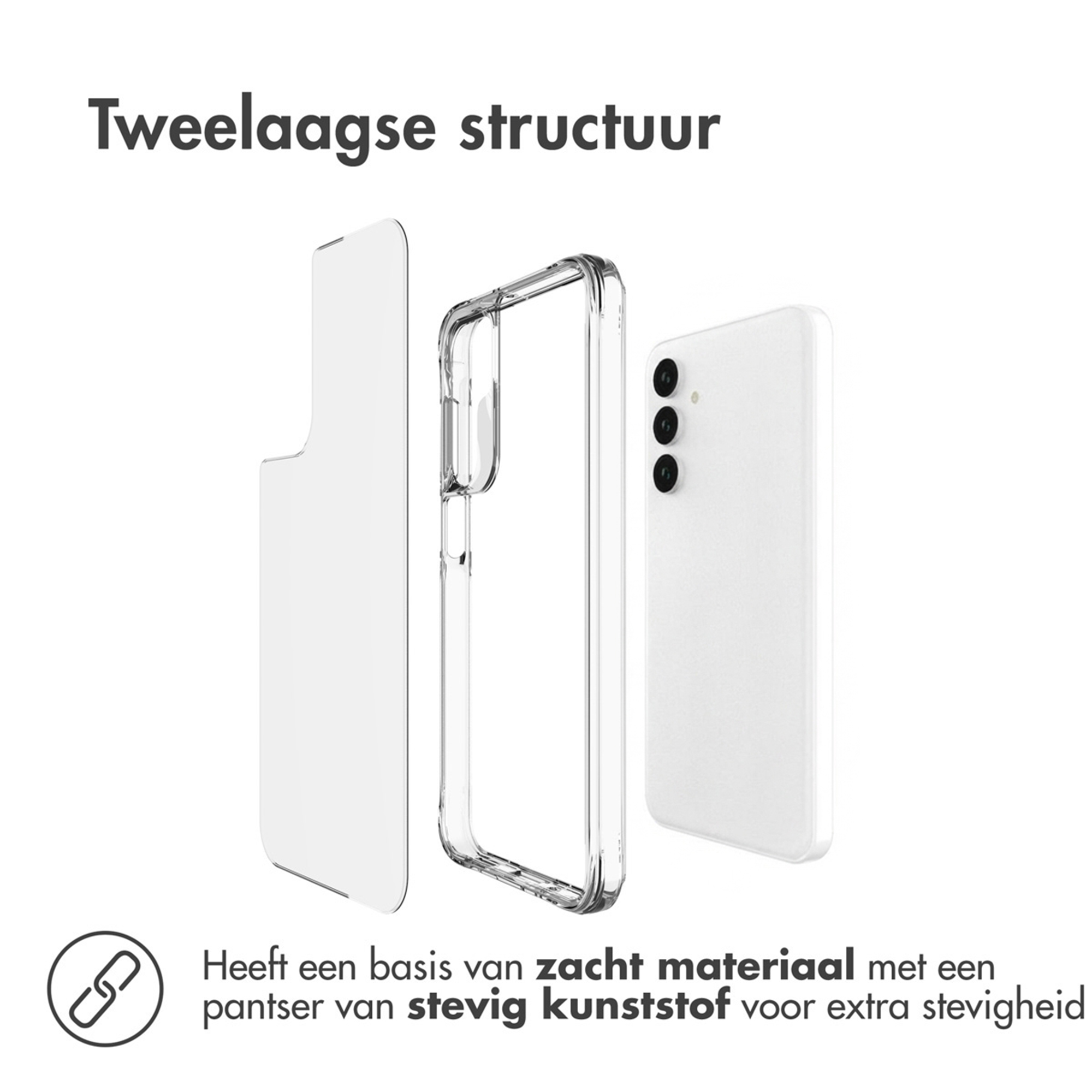 Structure à deux couches : coque de téléphone, coque transparente et téléphone blanc.