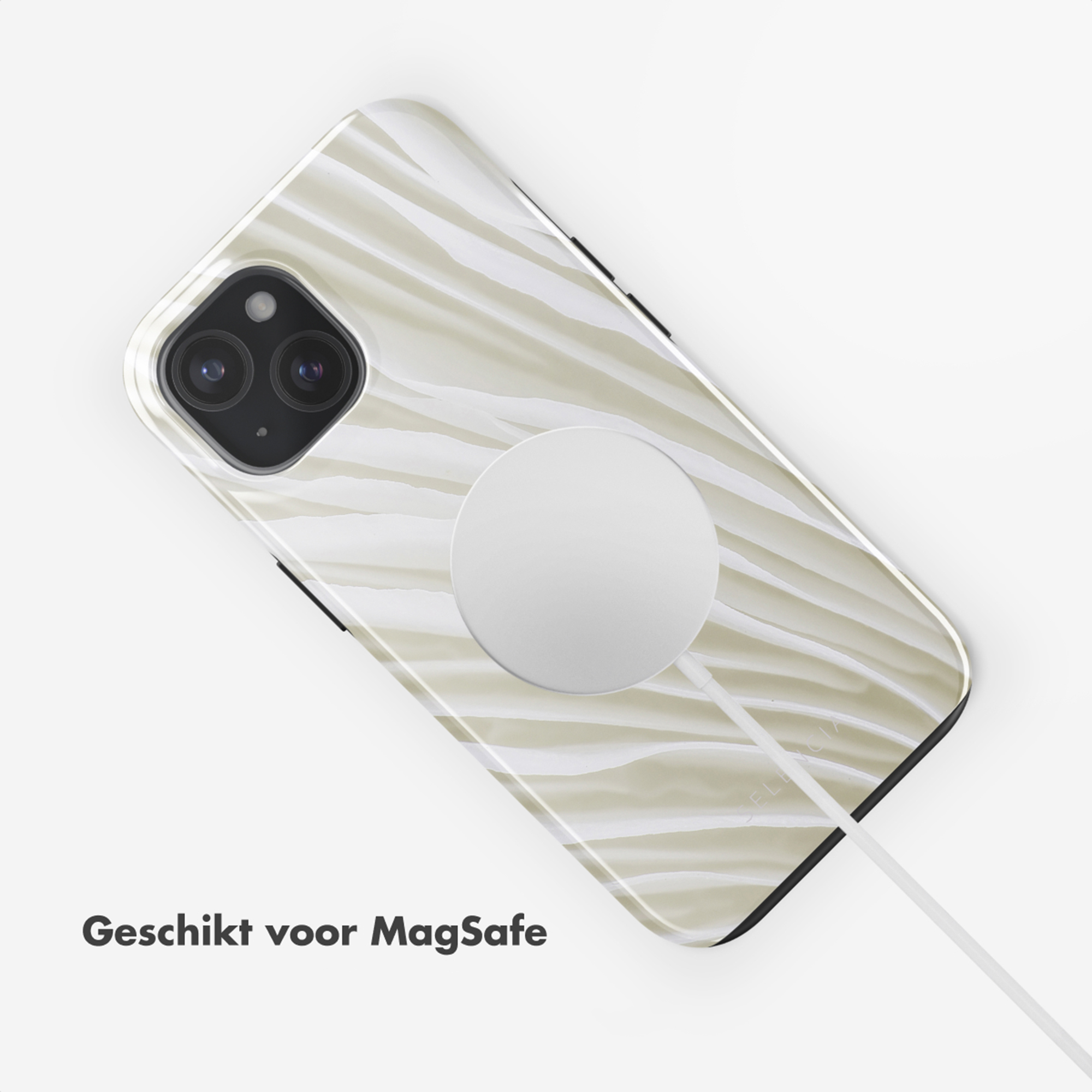 iPhone hoesje met MagSafe lader, wit-goud patroon.
