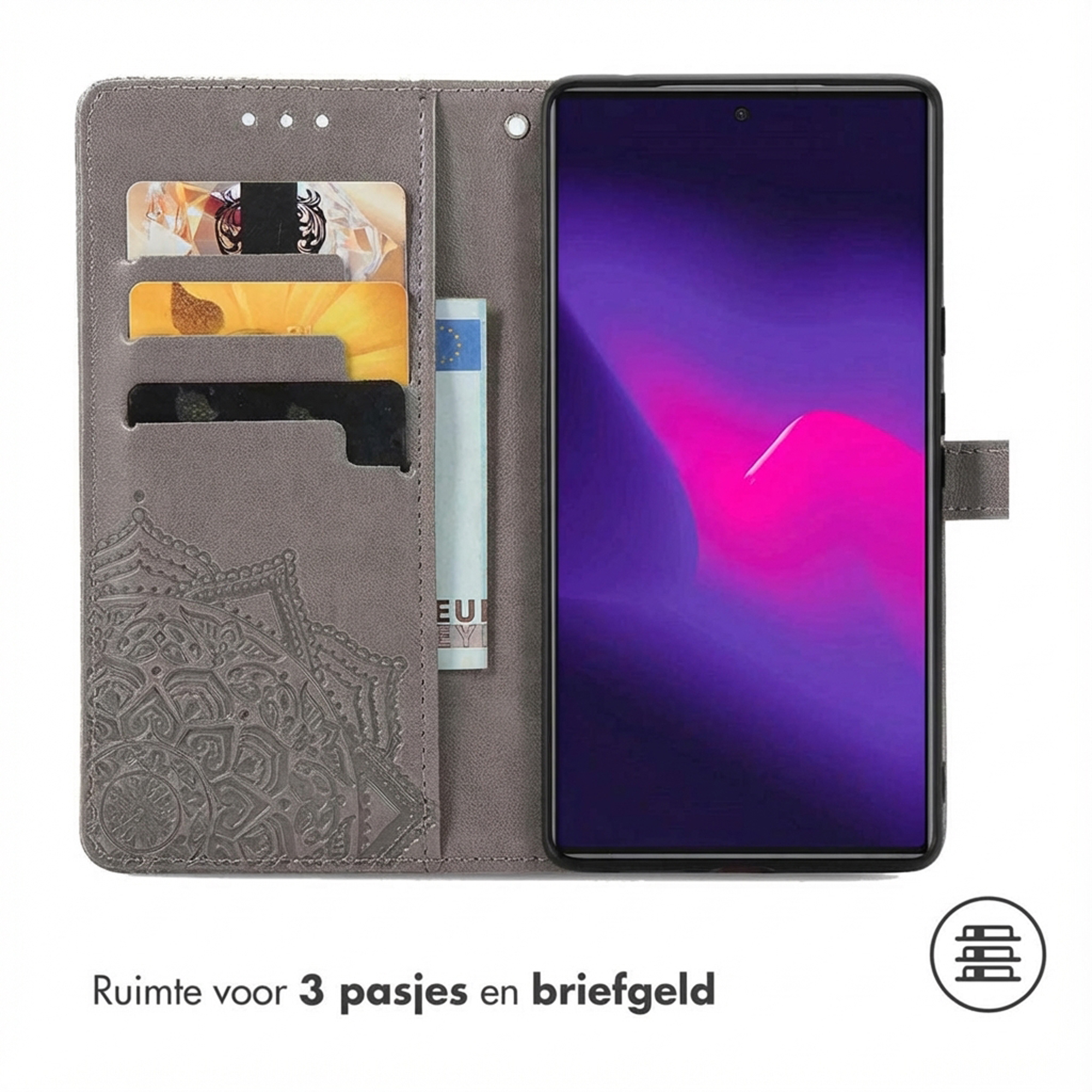 Grijze telefoonhoes met kaarthouders, een bankbiljet en een smartphone met paars scherm.