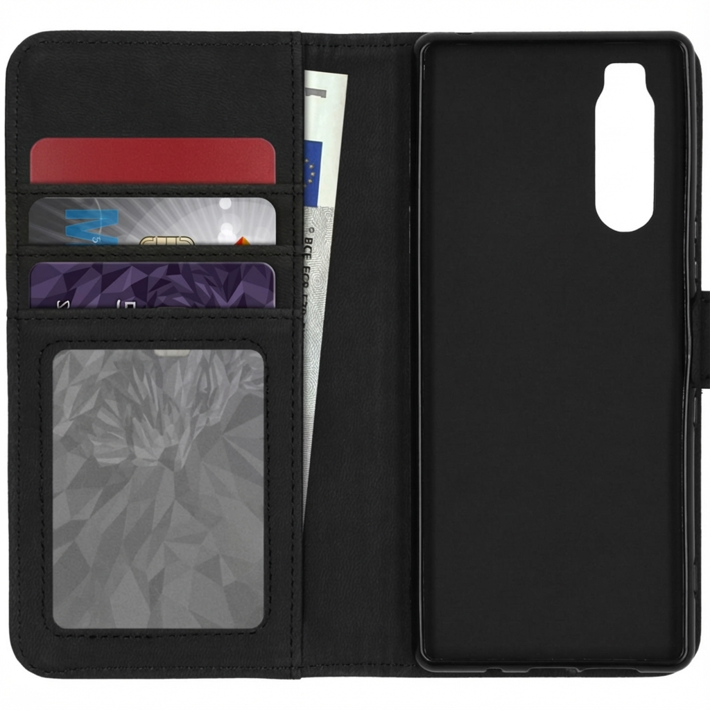 Étui portefeuille noir pour téléphone avec fentes pour cartes, billet et fenêtre.