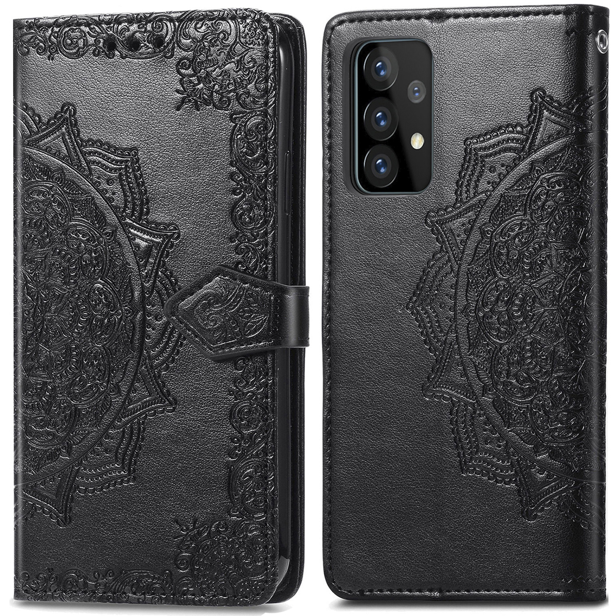 Zwarte telefoonhoes met reliëf mandala-patroon, open en gesloten getoond.