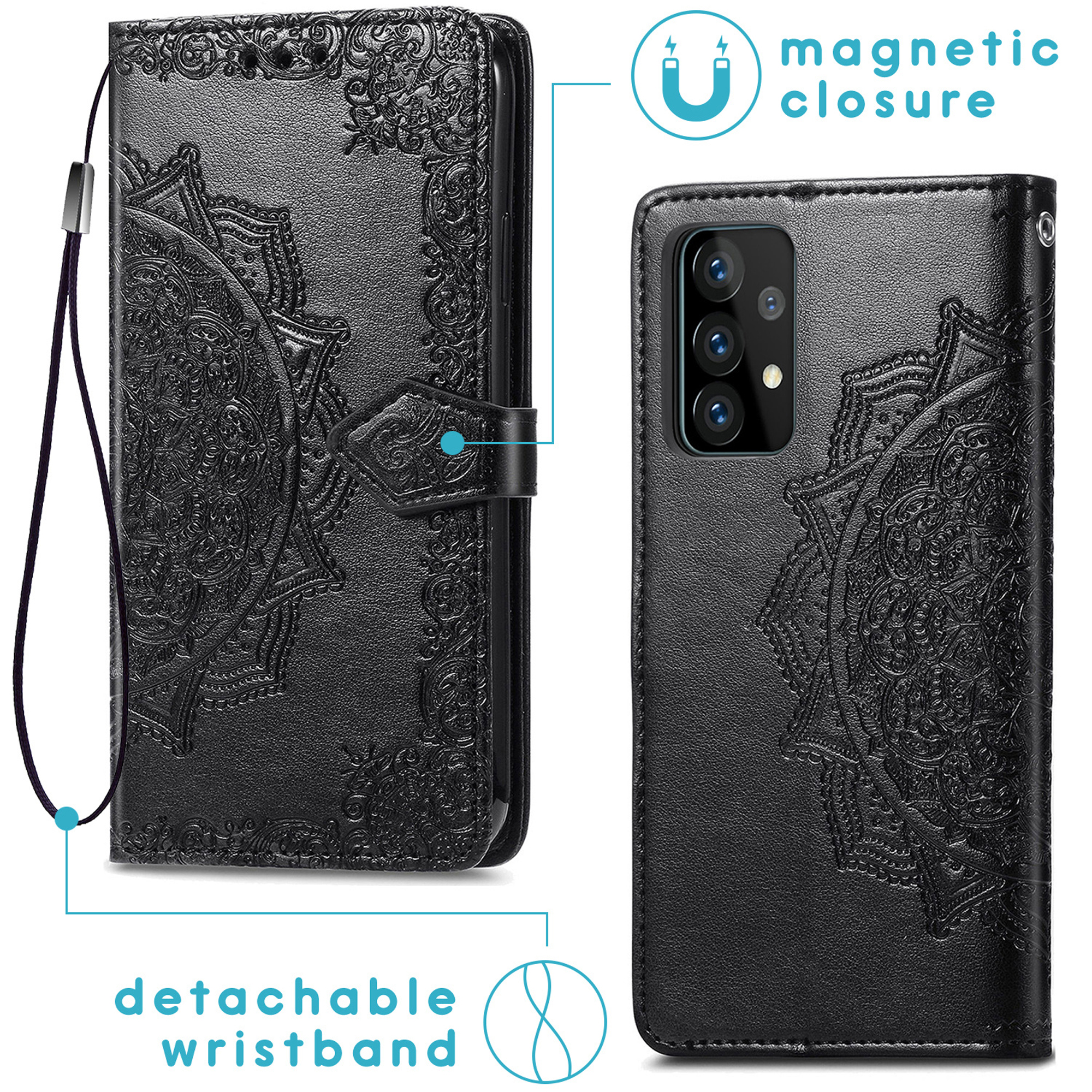 Zwarte telefoonhoes met mandala-reliëf, afneembare polsband en magneetsluiting.