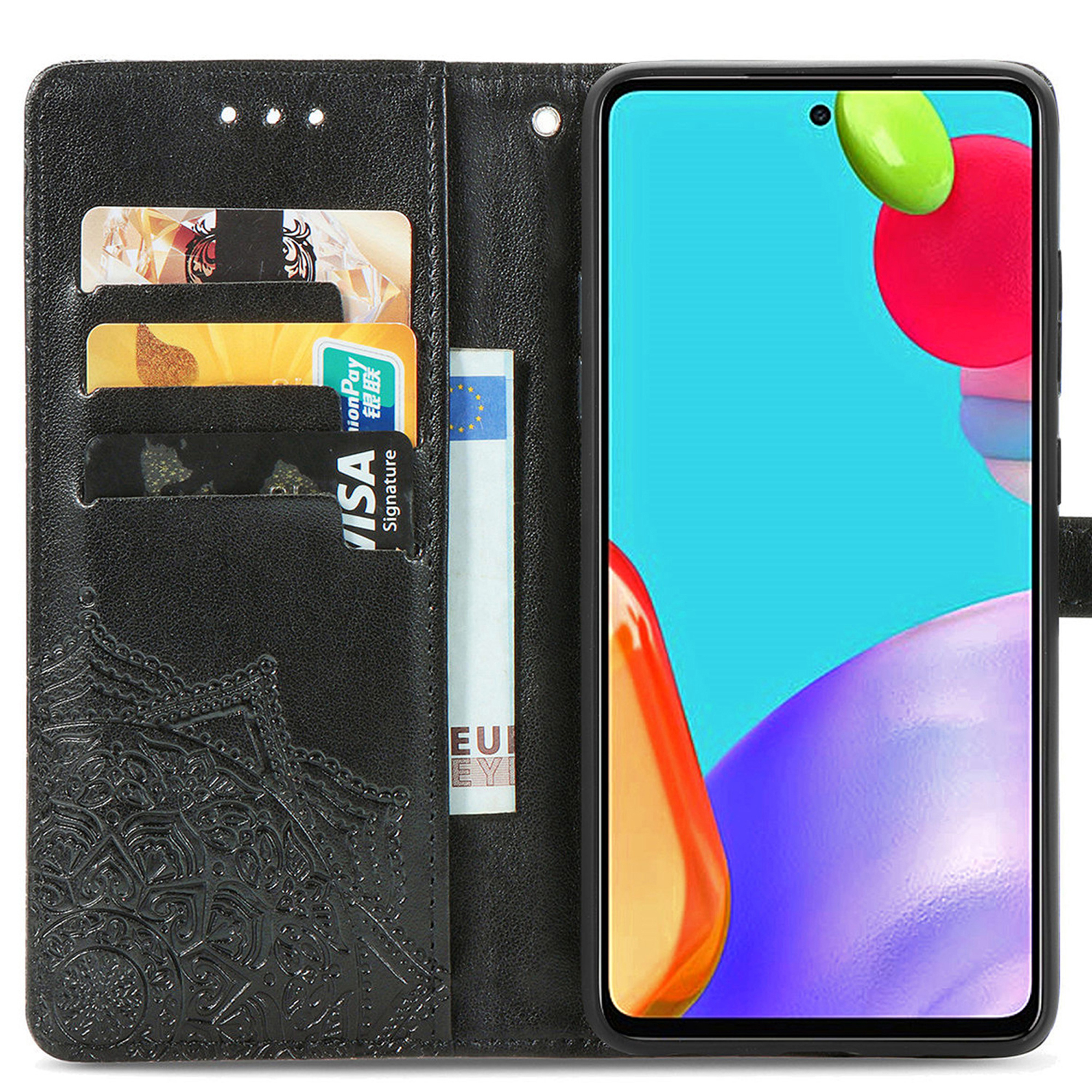Zwarte telefoonhoes met kaartsleuven en telefoon met kleurrijke achtergrond.