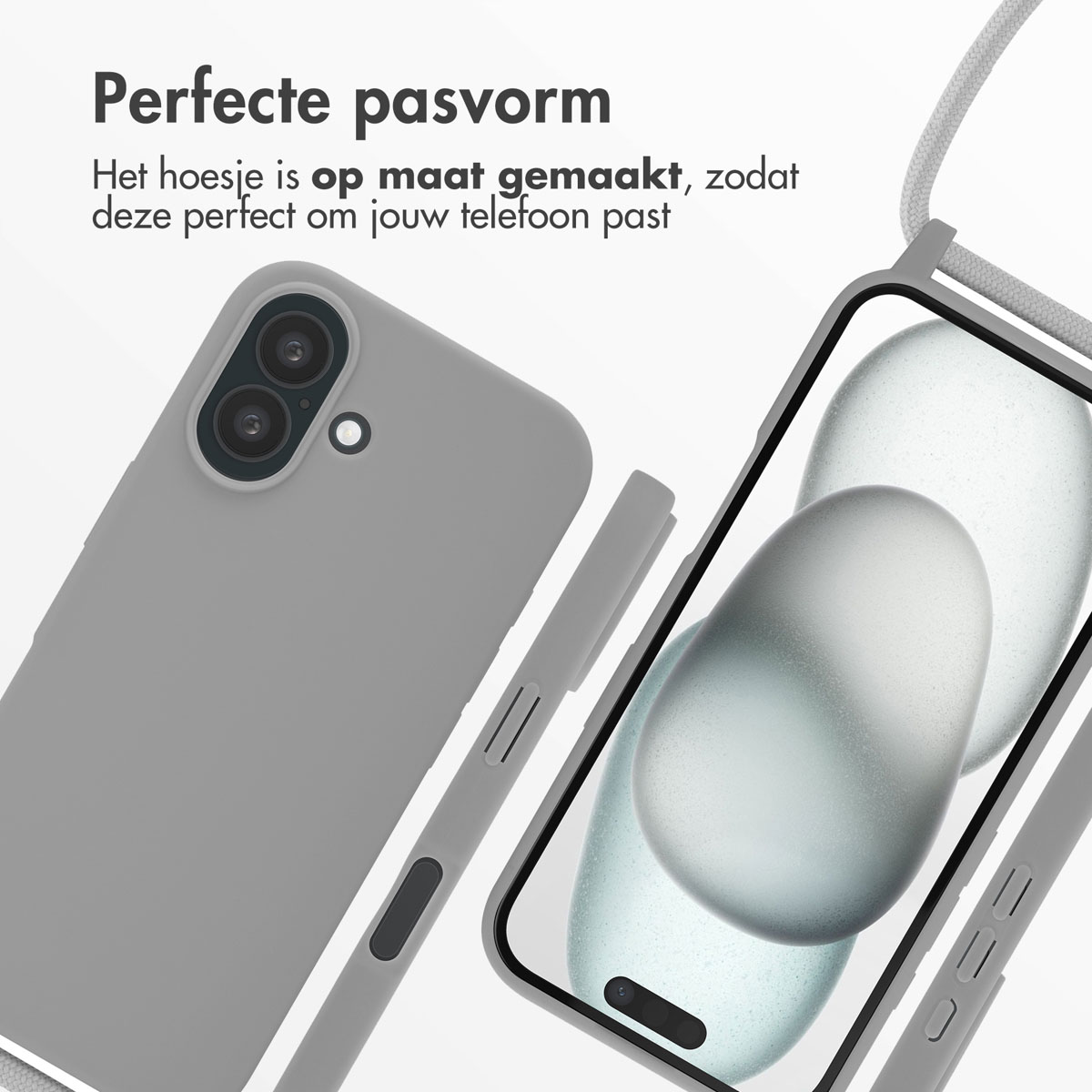 Graue Handyhülle und ein Telefon mit einer abstrakten Grafik auf dem Bildschirm.