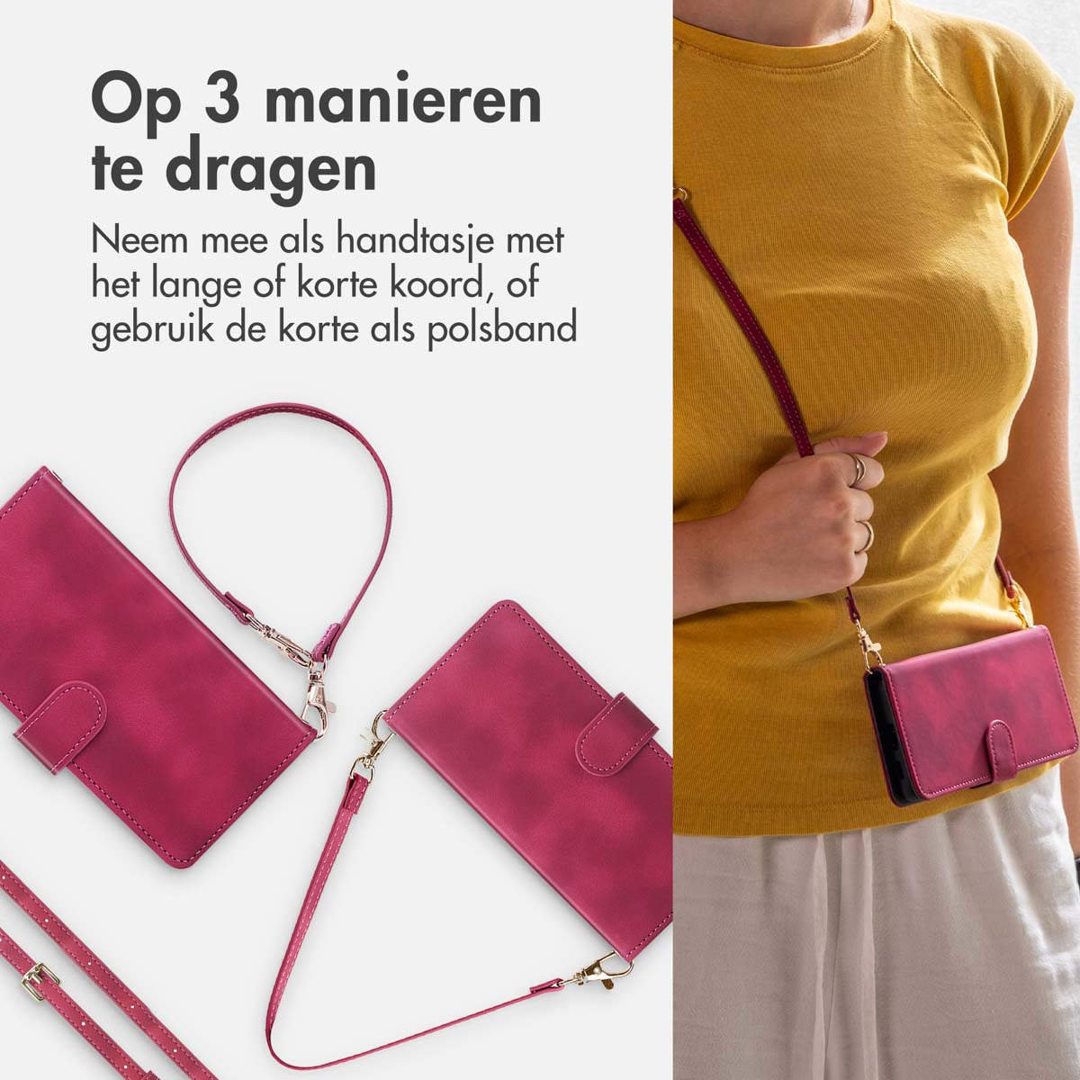 Personne porte une housse de téléphone rose fine avec cordon. Deux housses à côté.
