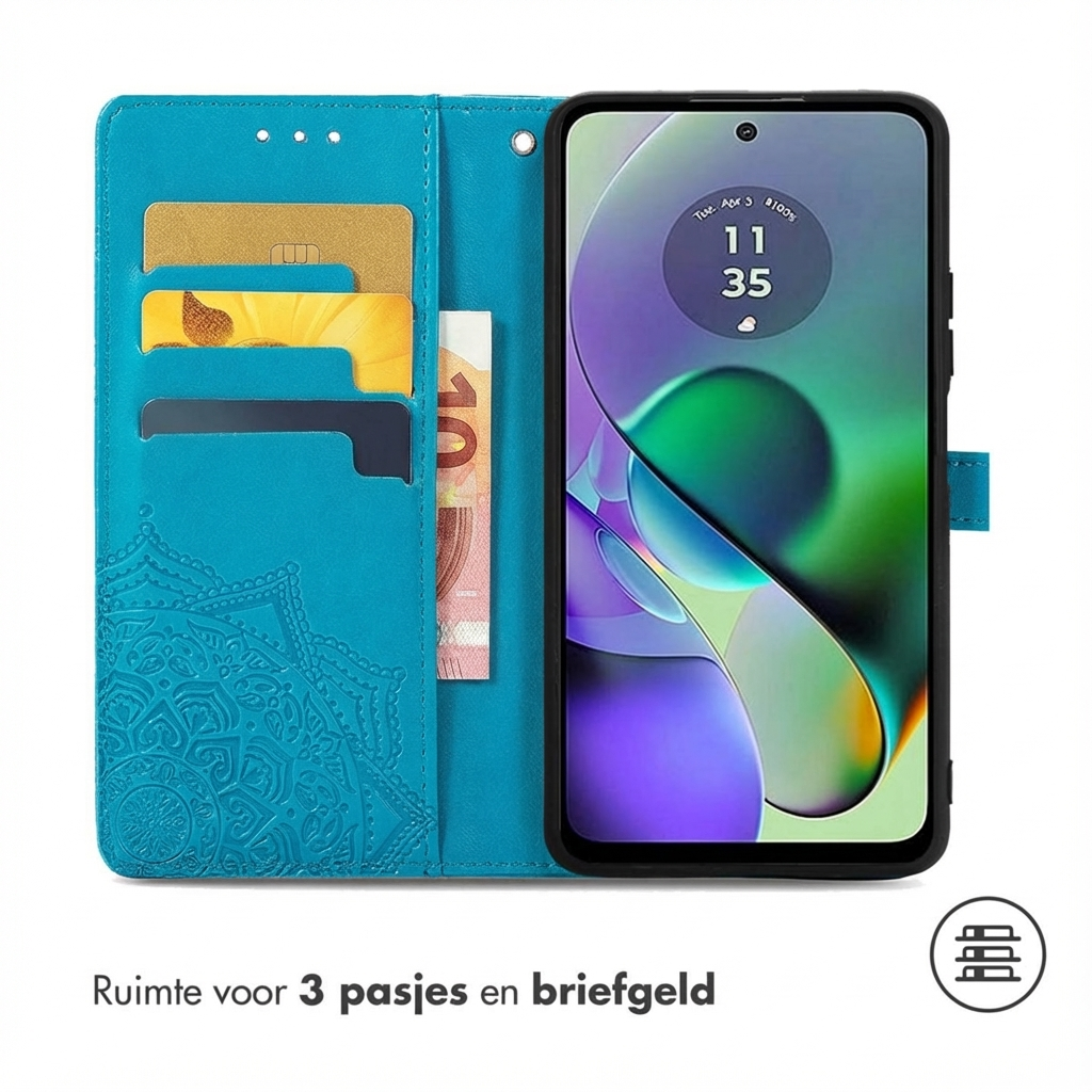 Turquoise telefoon portemonnee met kaartsleuven en geldvak. Smartphone met tijd.