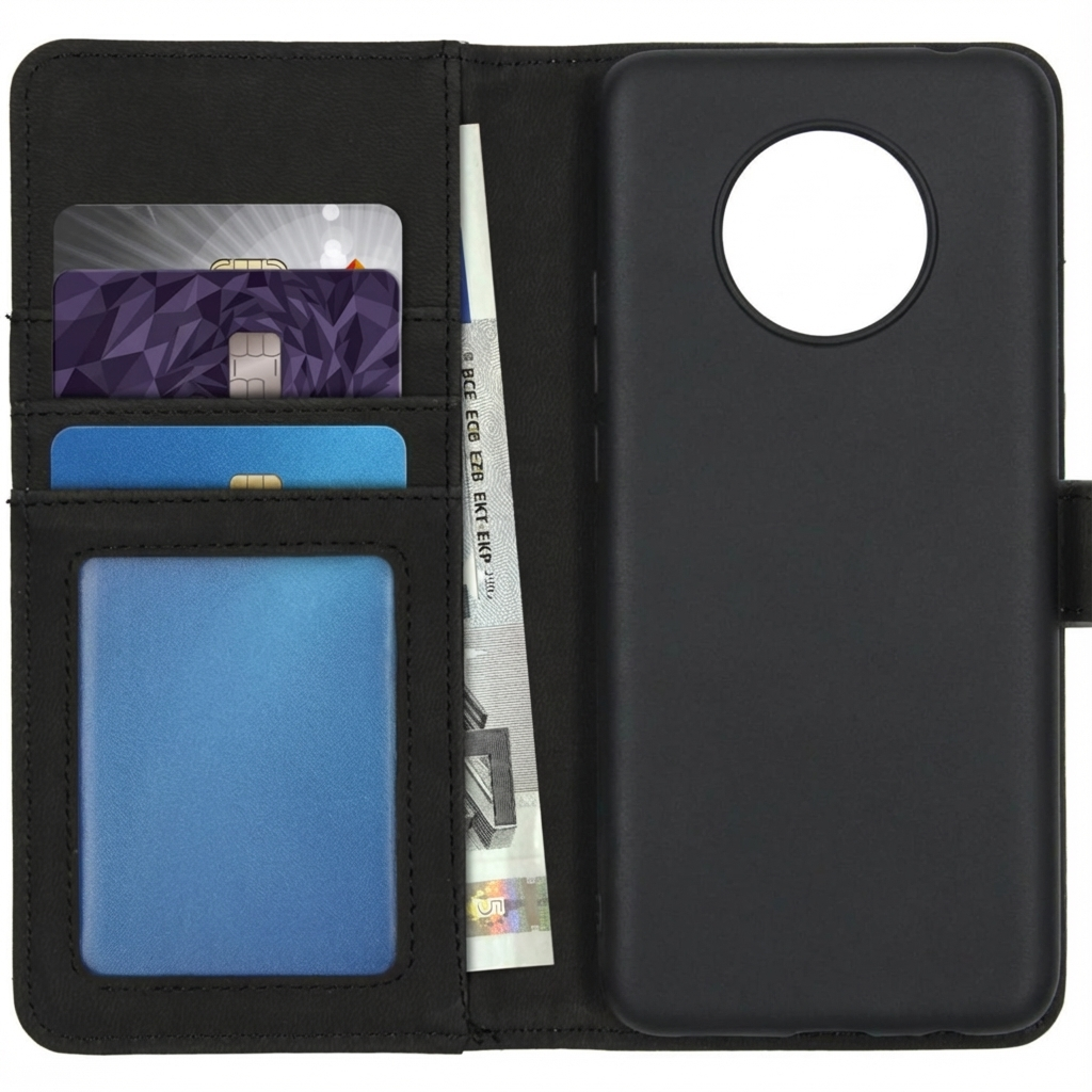 Black flip phone case with card slots and a bill compartment. A phone is inside.