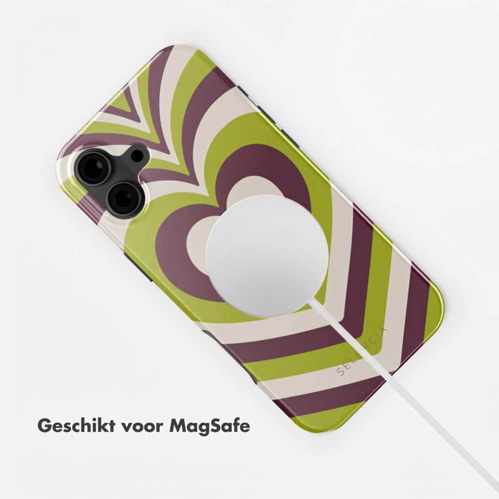 Un telefono con caricabatterie MagSafe, con motivo a cuore nei toni del verde e viola.