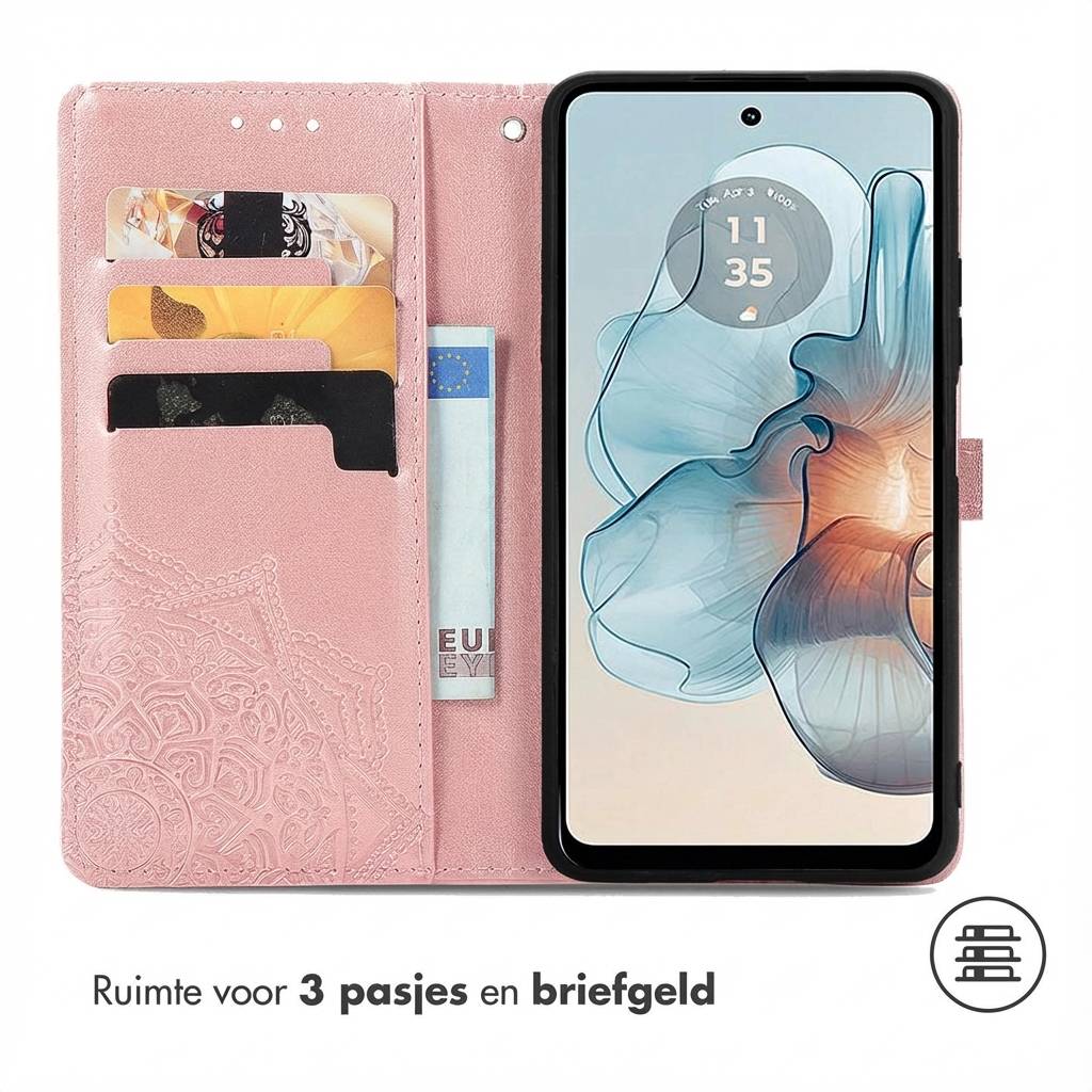 Een roze telefoonhoes met kaarthouders en een bankbiljet.